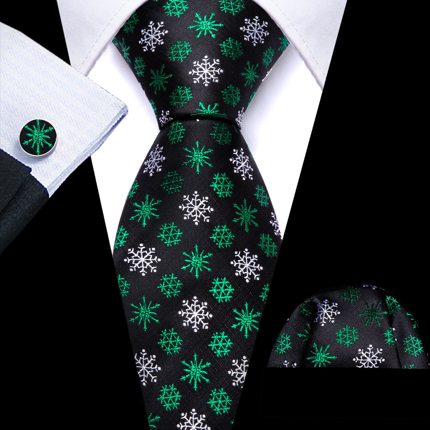 Christmas Tie Black Green White Snowflake Silk Tie Handkerchief Cufflinks Set