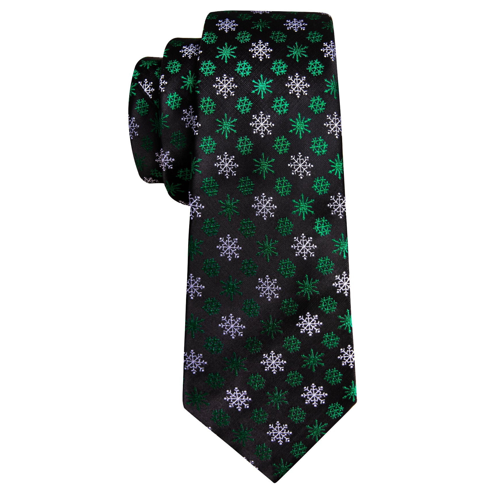 Christmas Tie Black Green White Snowflake Silk Tie Handkerchief Cufflinks Set