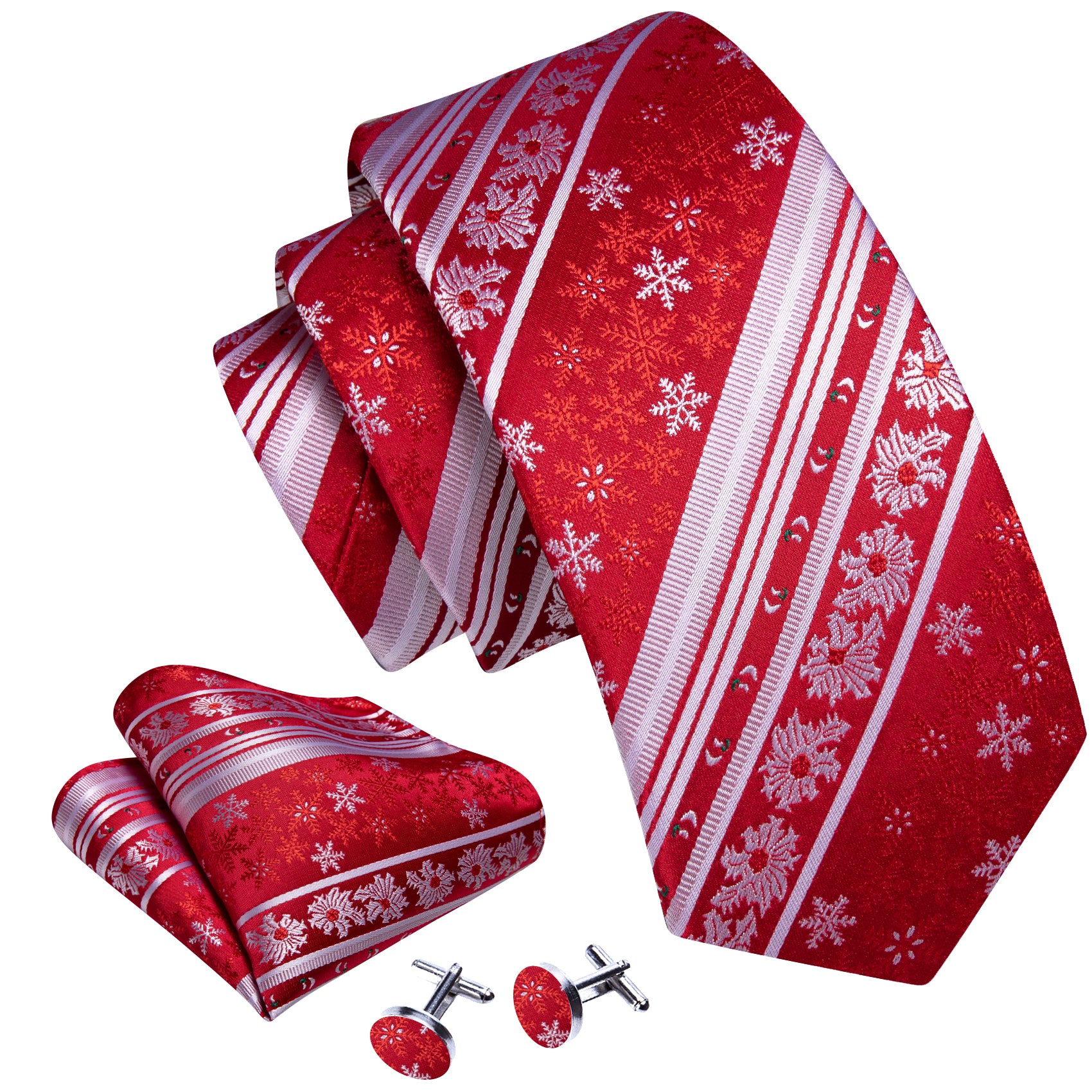 men red  Christmas Red White Xmas Snowflake Tie Hanky Cufflinks Set