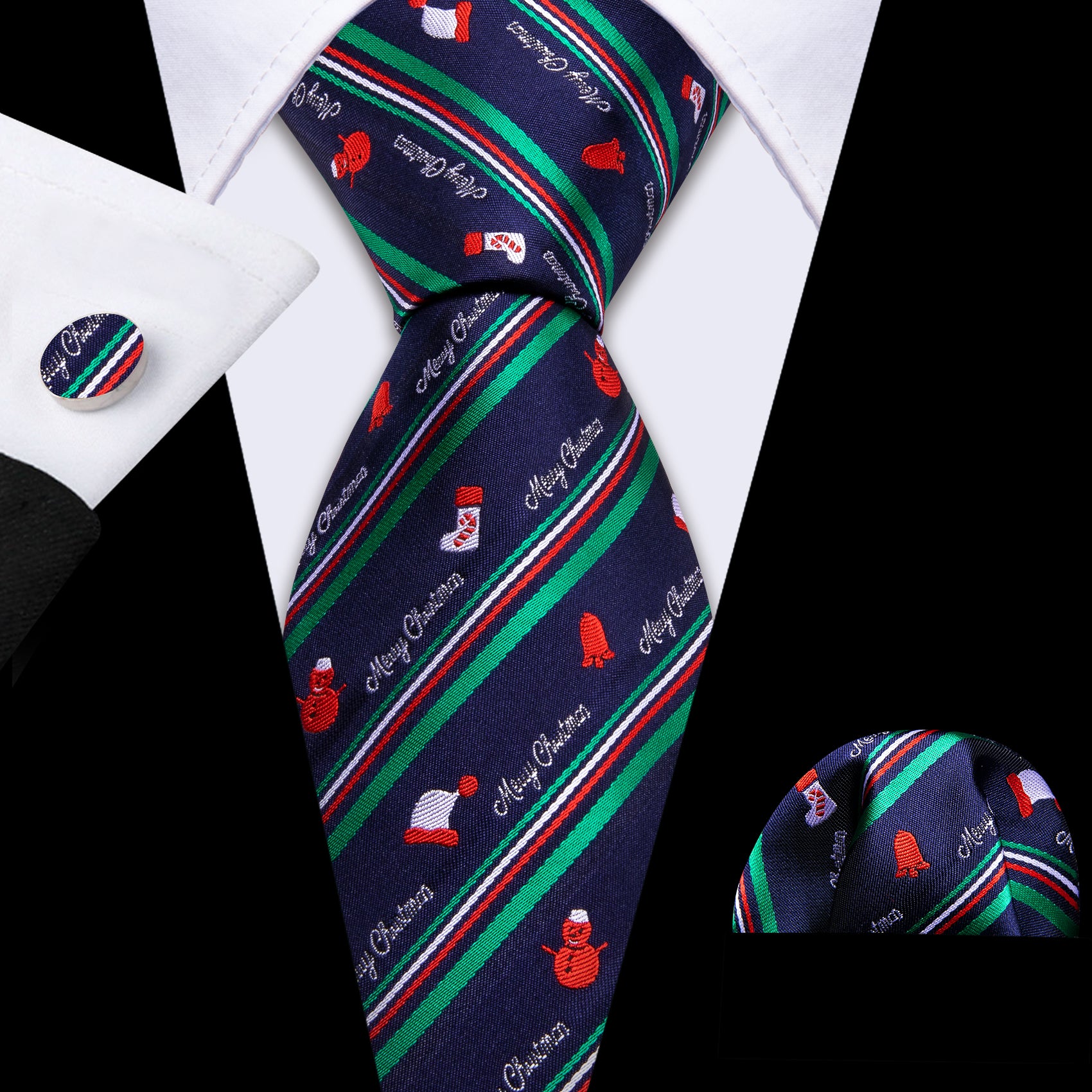 Christmas necktie  navy blue tie Green stripes red little chiristmas pattern men's festival necktie 