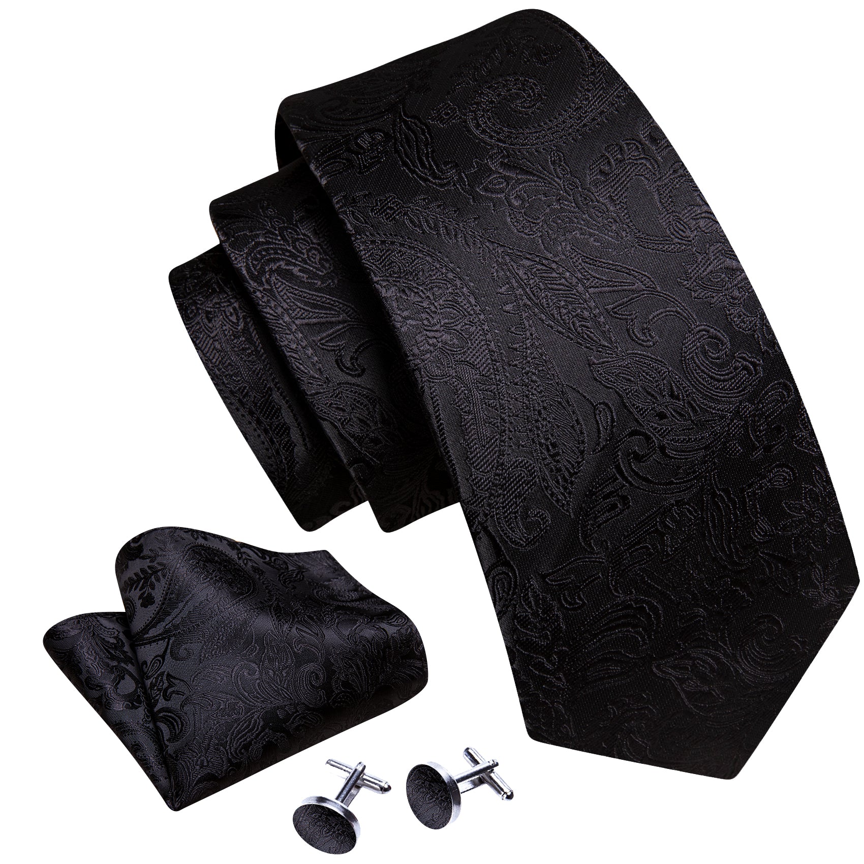 Formal Black Paisley Silk Tie Handkerchief Cufflinks Set