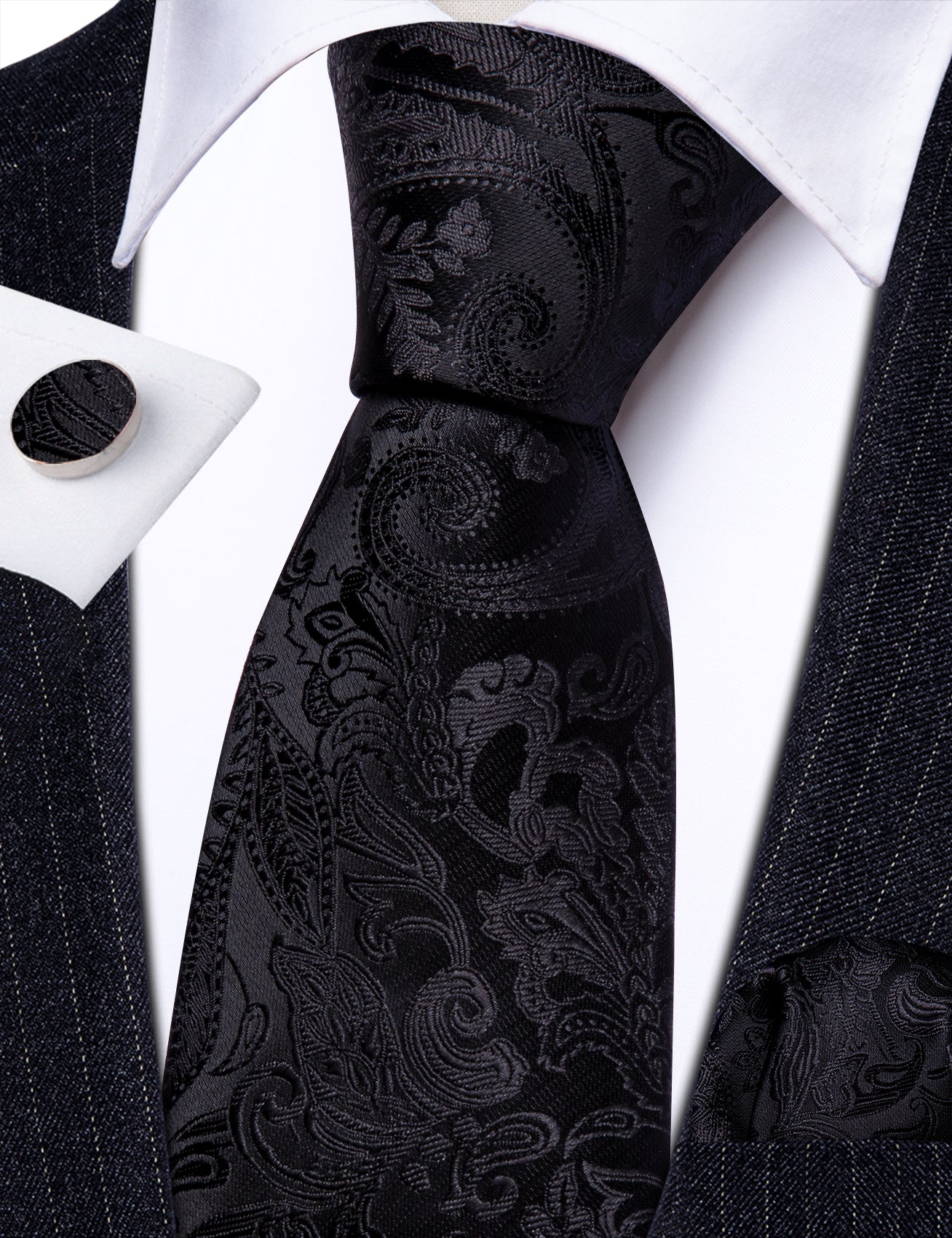 Formal Black Paisley Silk Tie Handkerchief Cufflinks Set