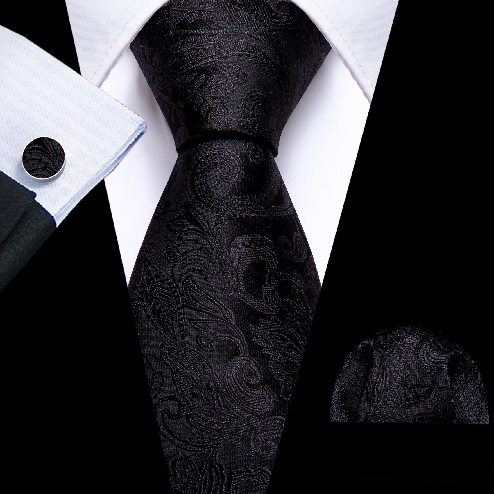 Formal Black Paisley Silk Tie Handkerchief Cufflinks Set