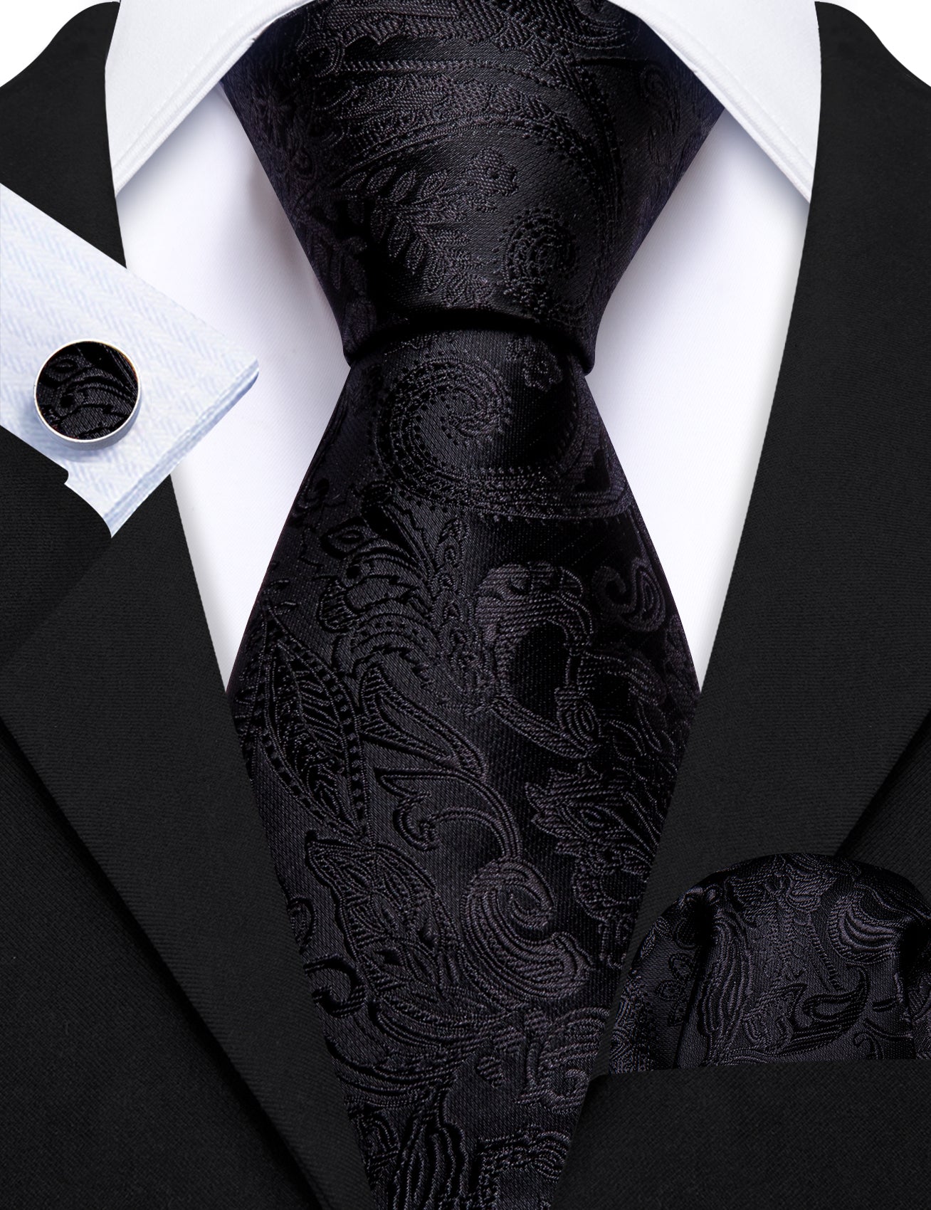 Formal Black Paisley Silk Tie Handkerchief Cufflinks Set