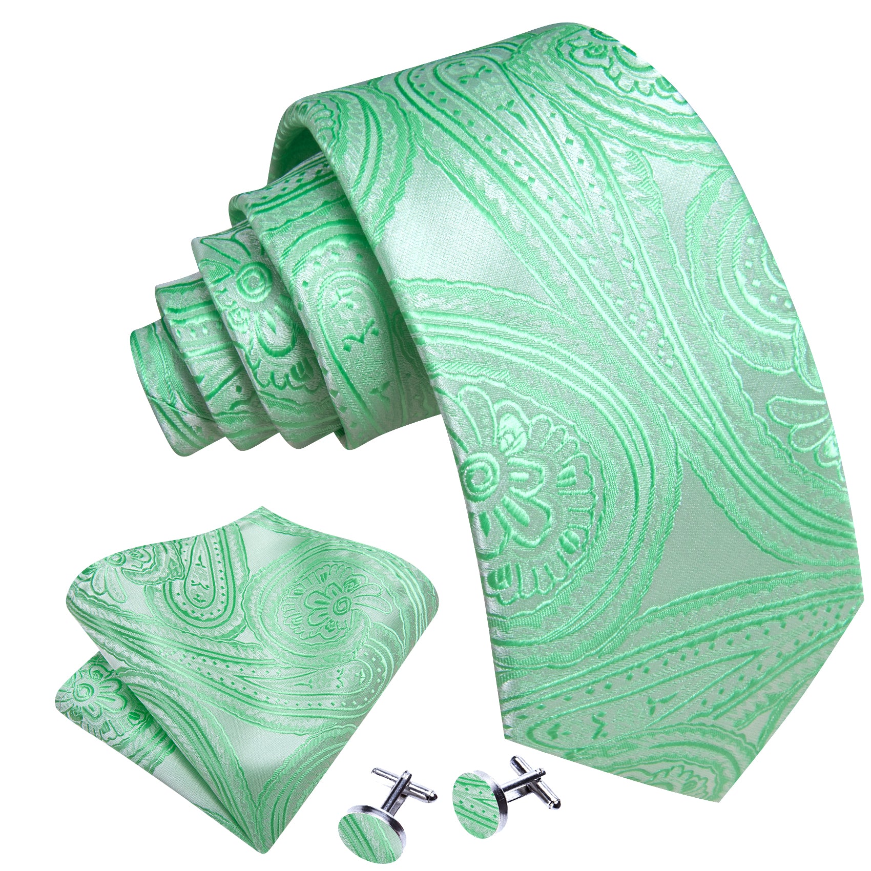 Barry Wang Light Green Paisley Silk Tie Handkerchief Cufflinks Set