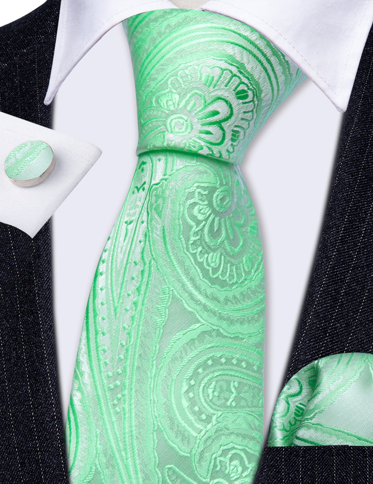 Barry Wang Light Green Paisley Silk Tie Handkerchief Cufflinks Set