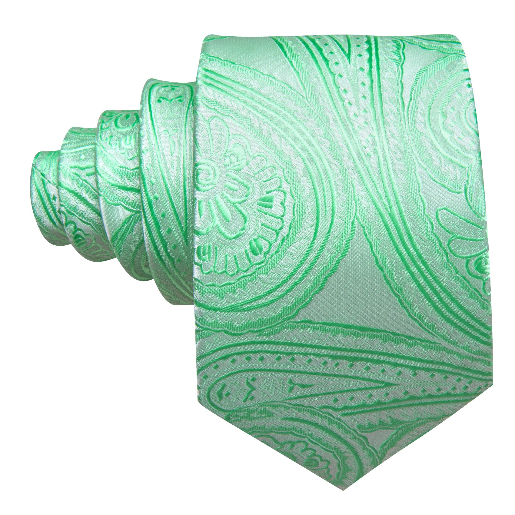 Barry Wang Light Green Paisley Silk Tie Handkerchief Cufflinks Set