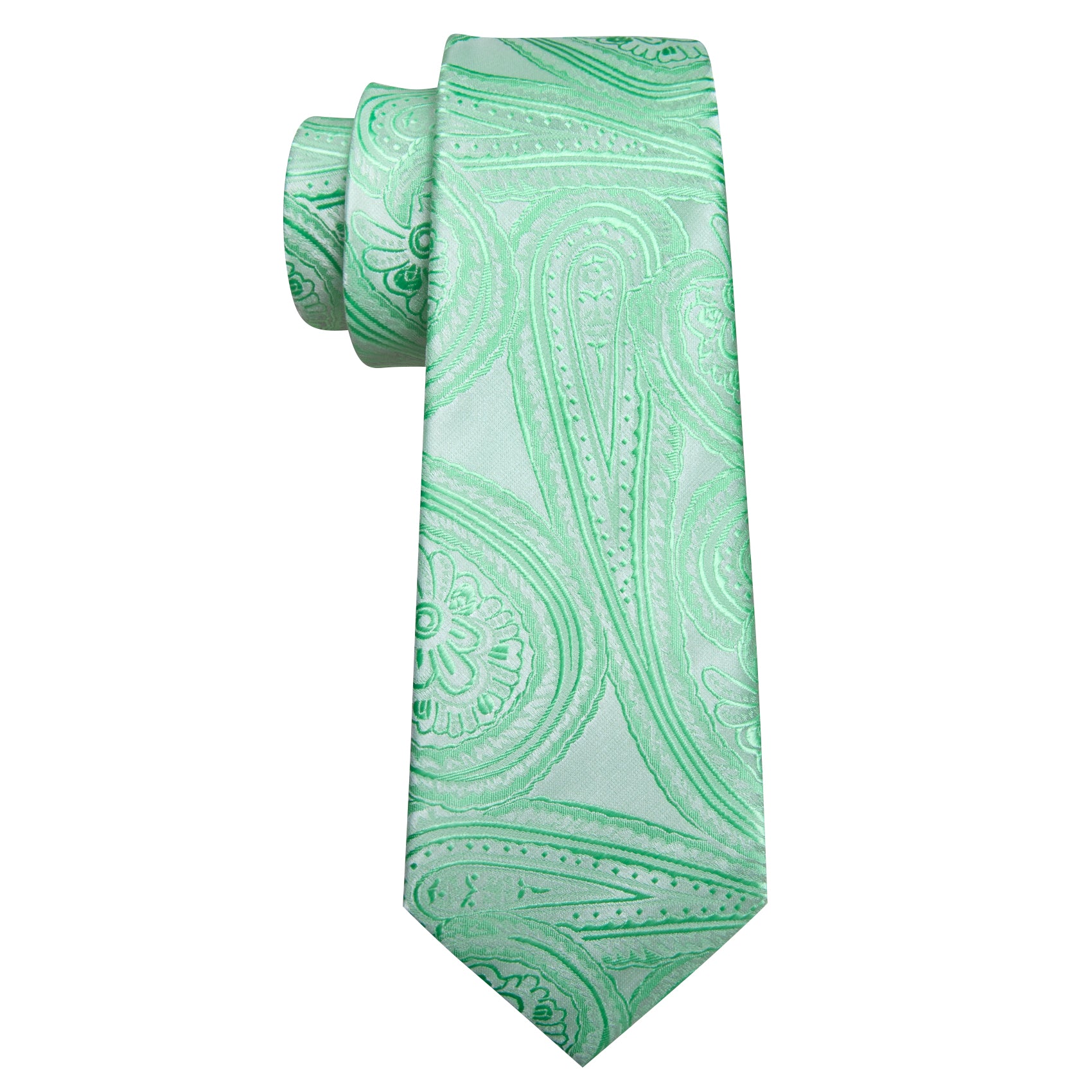 Barry Wang Light Green Paisley Silk Tie Handkerchief Cufflinks Set