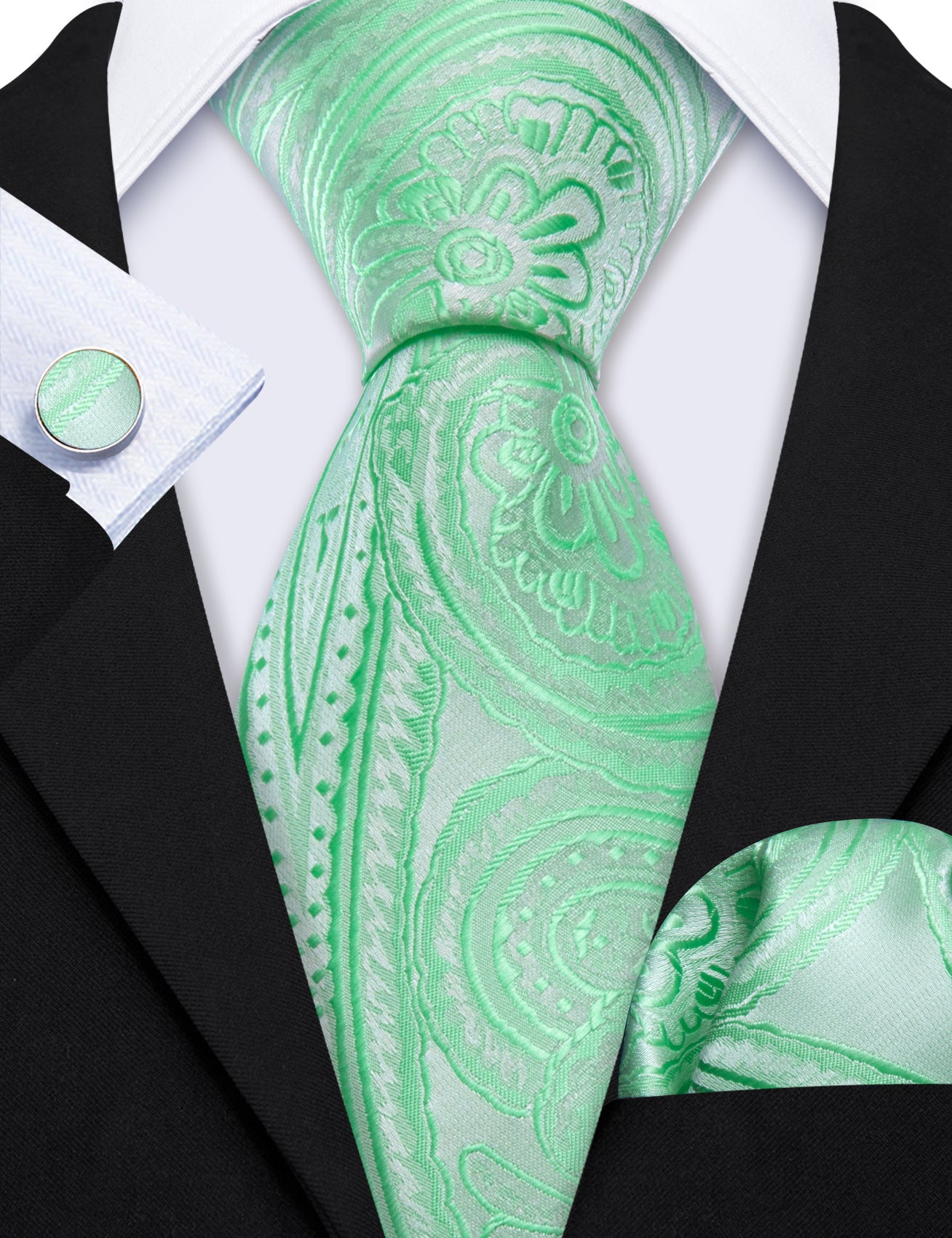 Barry Wang Light Green Paisley Silk Tie Handkerchief Cufflinks Set