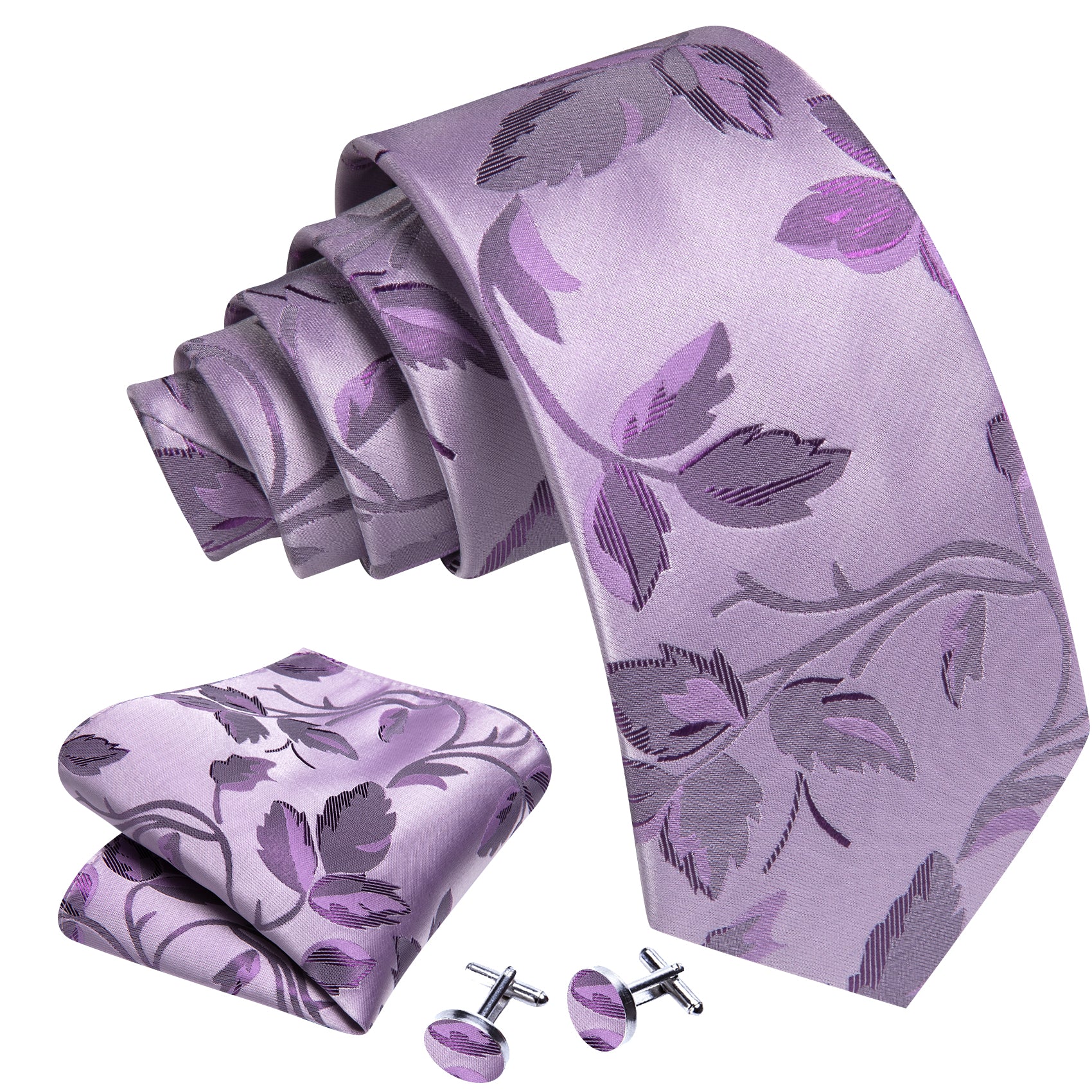 Pale Lavender Leaf Floral Silk Tie Handkerchief Cufflinks Set