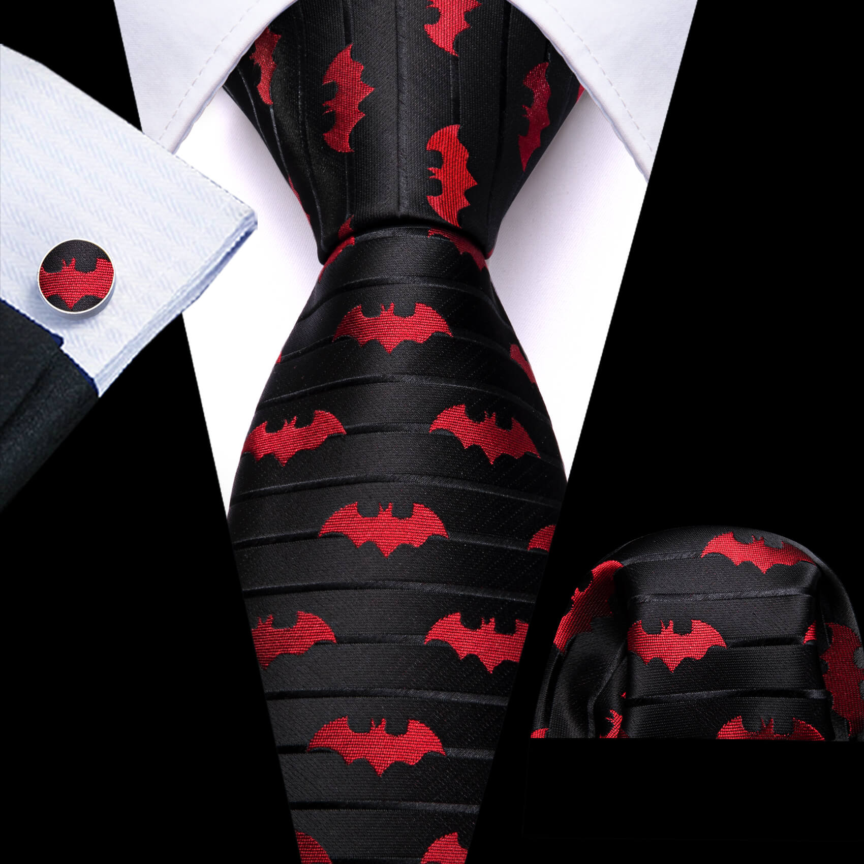 black bat tie and pocket square combo