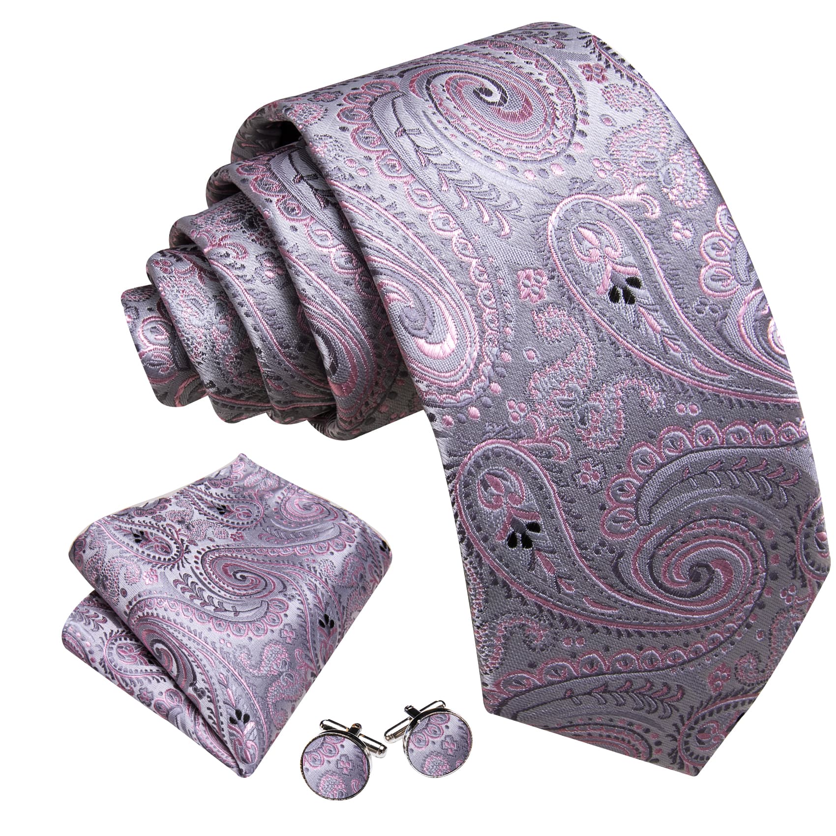 Grey Pink Paisley Tie Jacquard Pattern Necktie Set