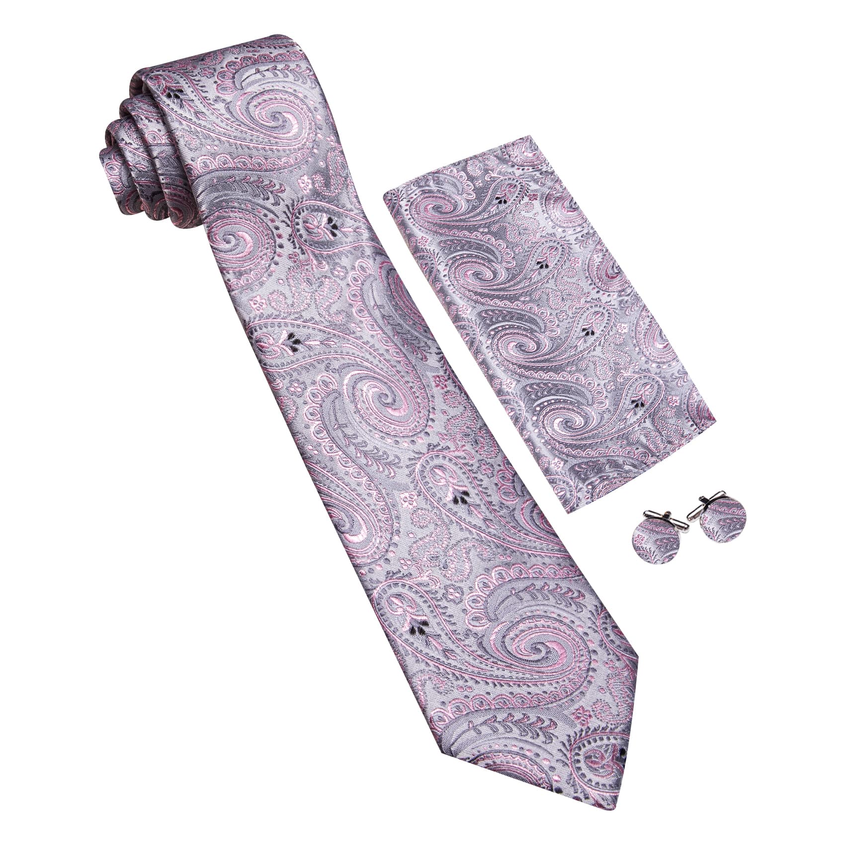 Grey Pink Paisley Tie Jacquard Pattern Necktie Set