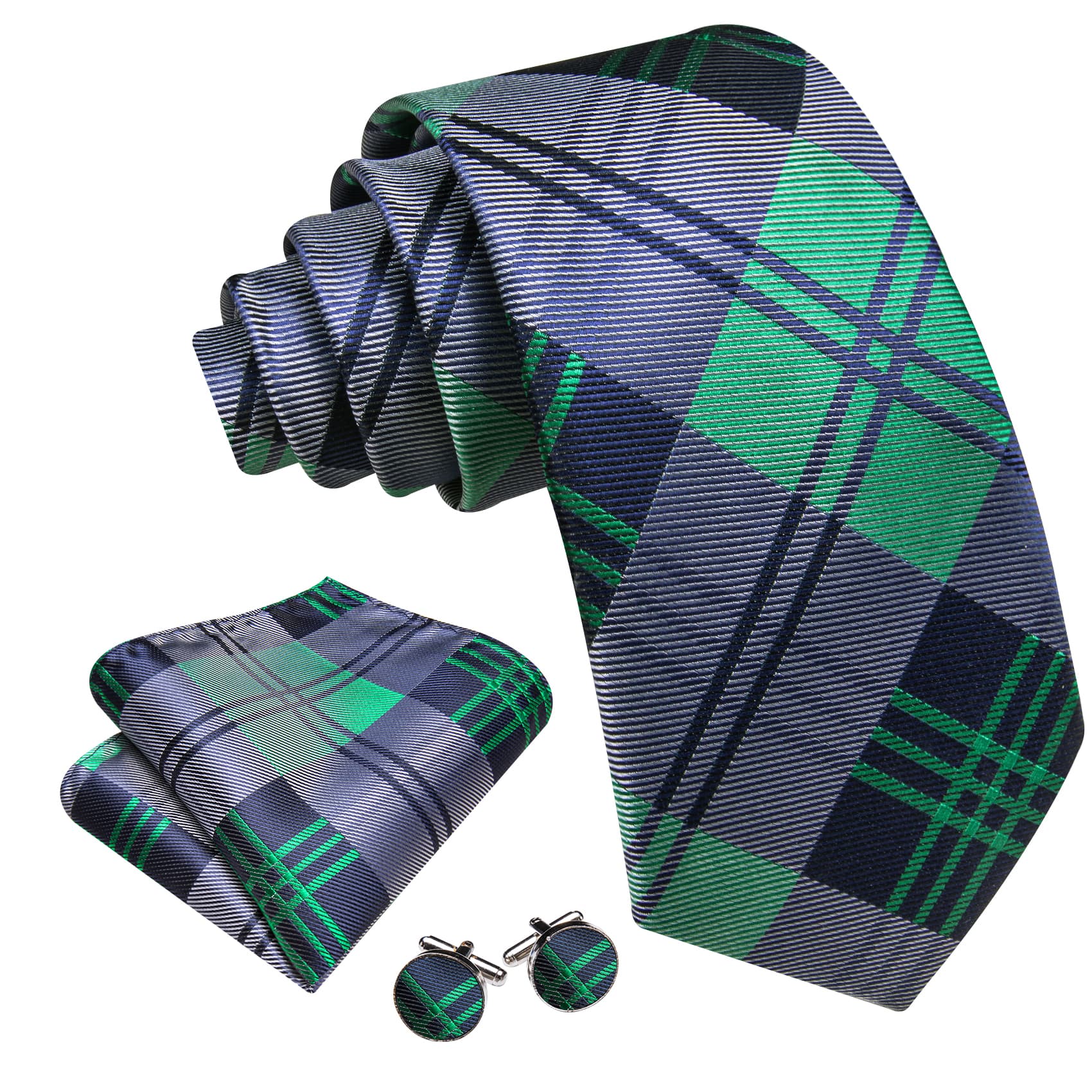 Mens Plaid Tie Mint Green Dar Grey Necktie Set