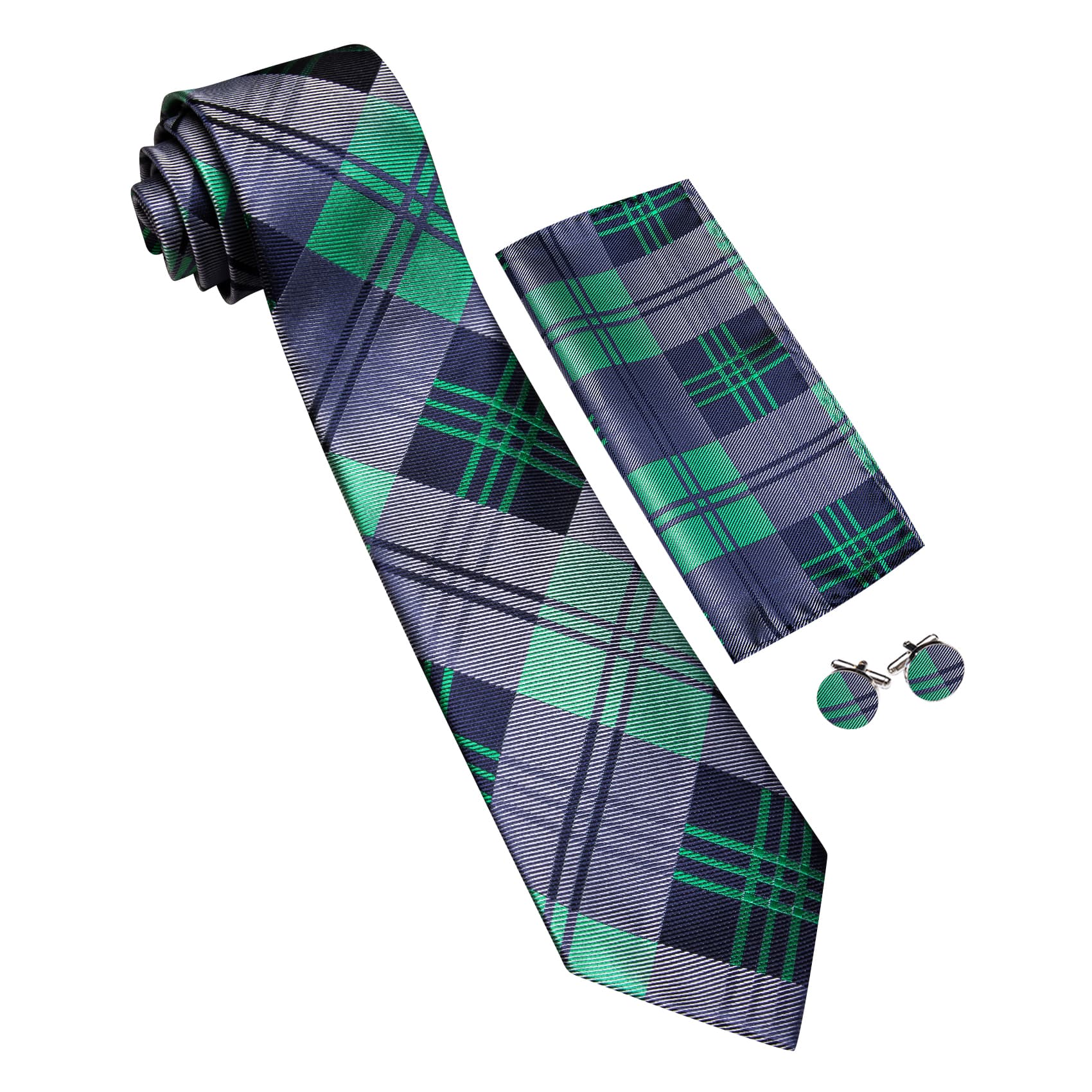 Mens Plaid Tie Mint Green Dar Grey Necktie Set