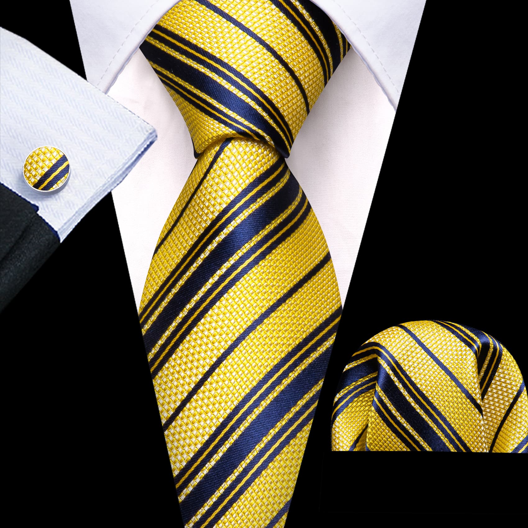 Men's Black Suit with Yellow blue stripes tie hanky cufflinks set