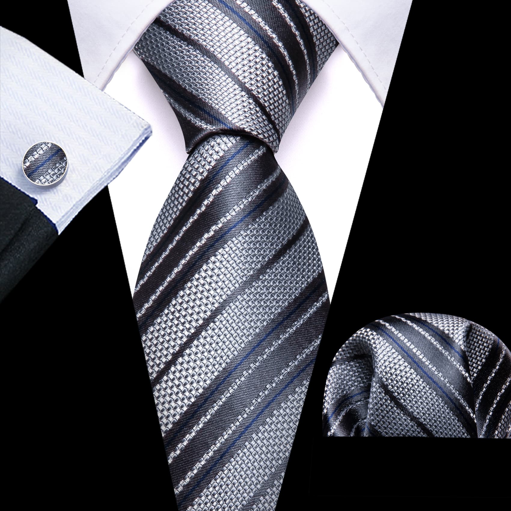 Men's Black Suit with silver Grey stripes tie hanky cufflinks set