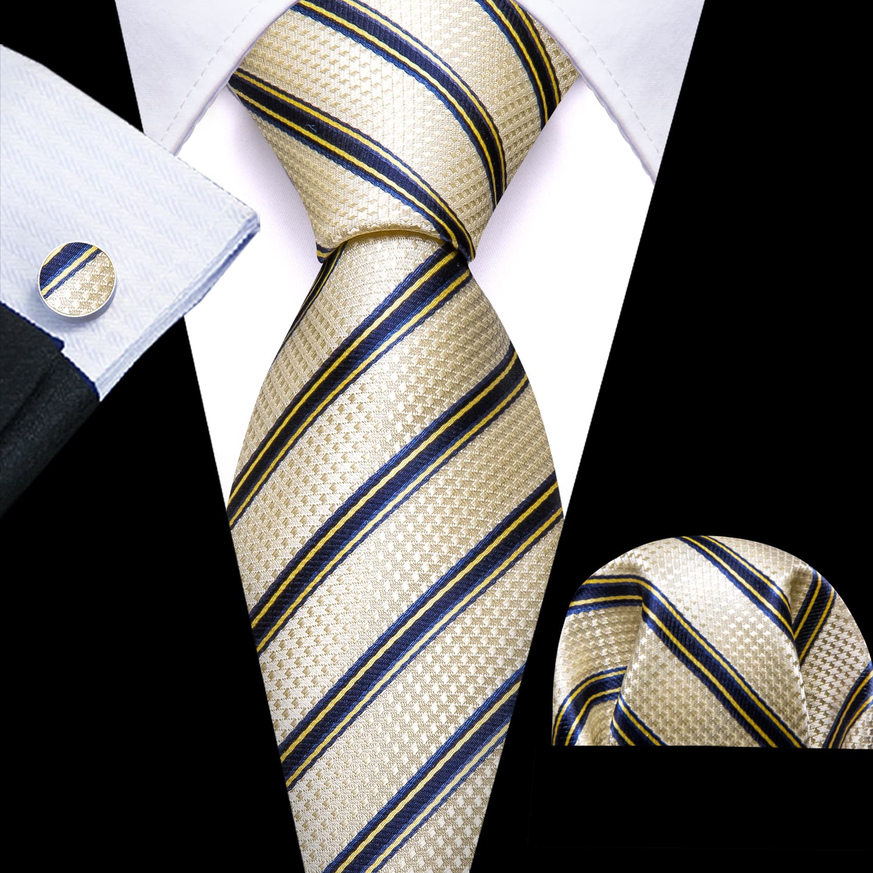 Men's Black Suit with Yellow blue stripes tie hanky cufflinks set