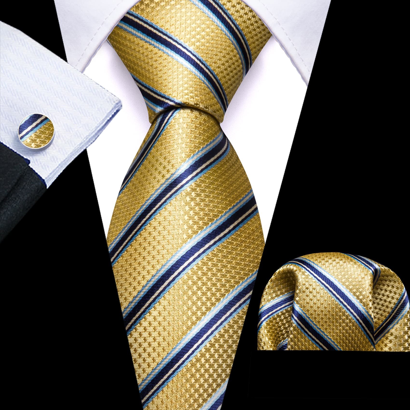 Men's Black Suit with Yellow blue stripes tie hanky cufflinks set