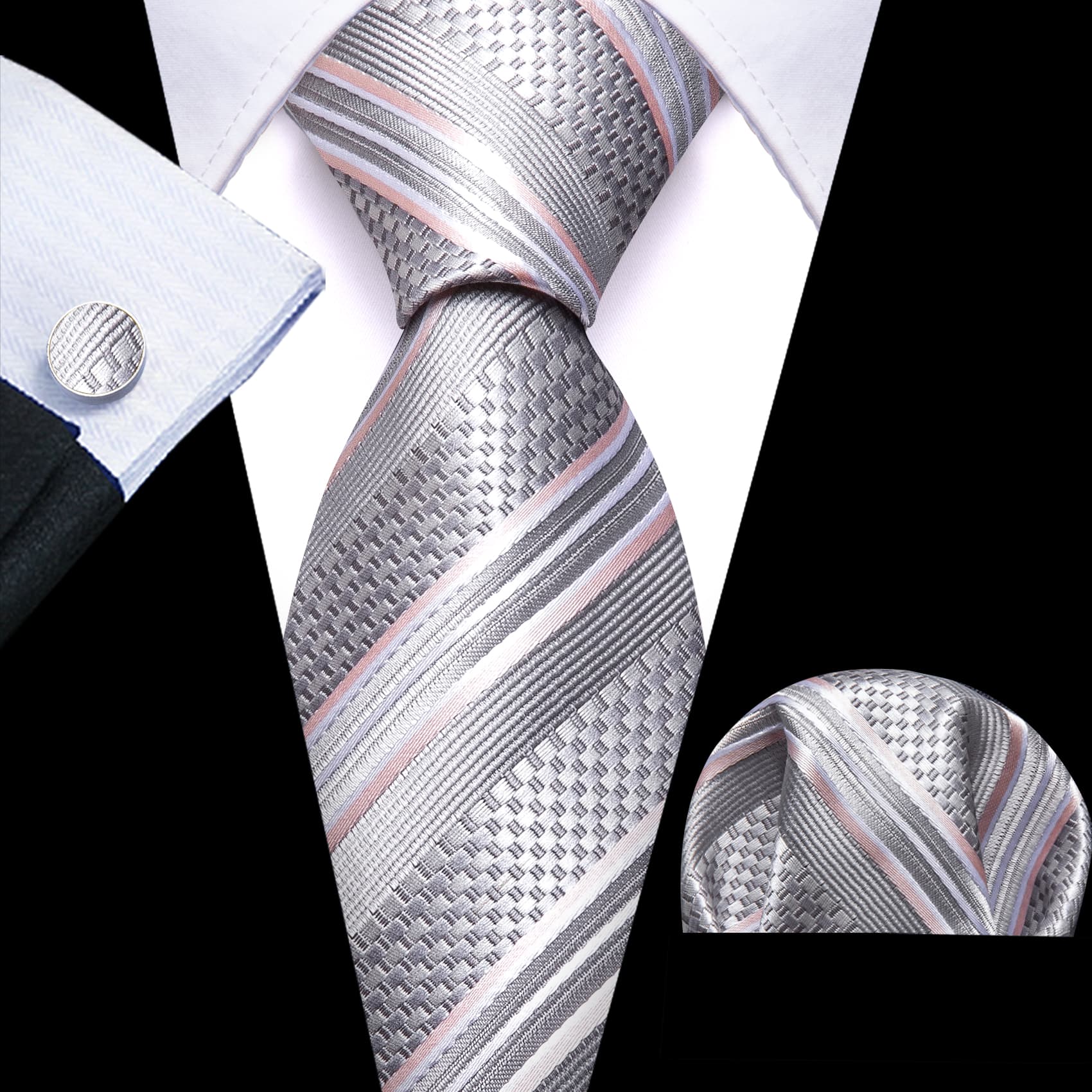 Men's Black Suit with siver pink stripes tie hanky cufflinks set