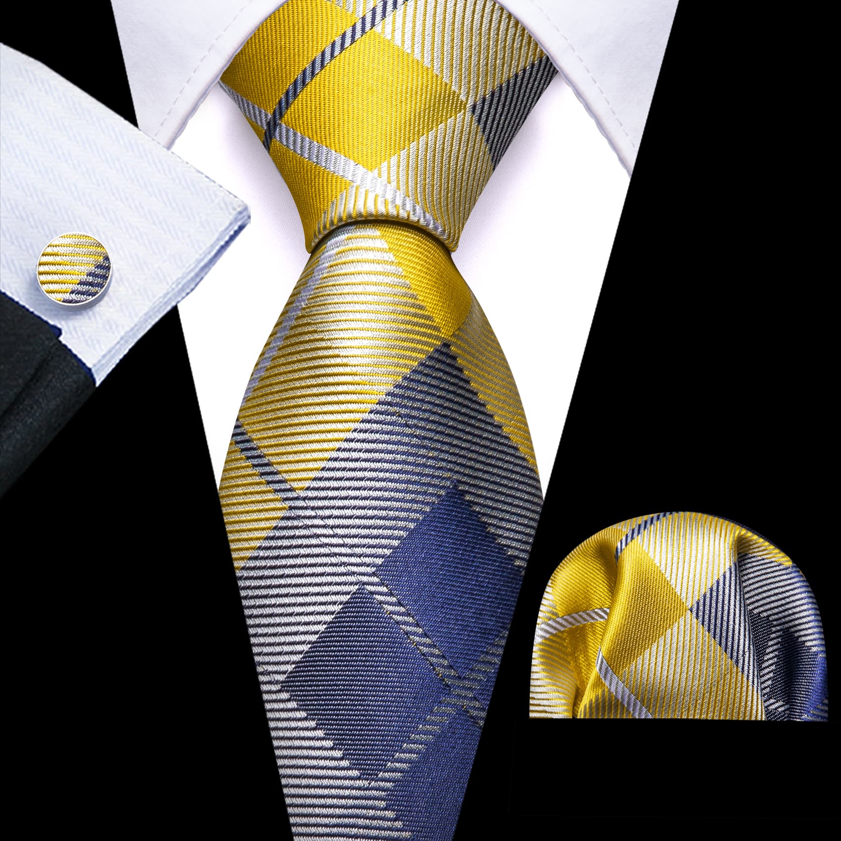 Men's Black Suit with Yellow blue plaid tie hanky cufflinks set