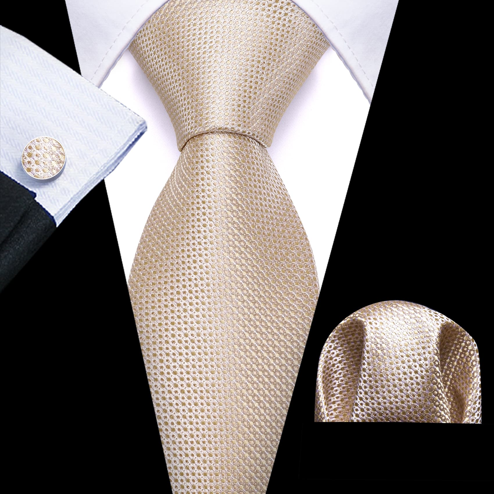 Men's Black Suit with beige novelty tie hanky cufflinks set