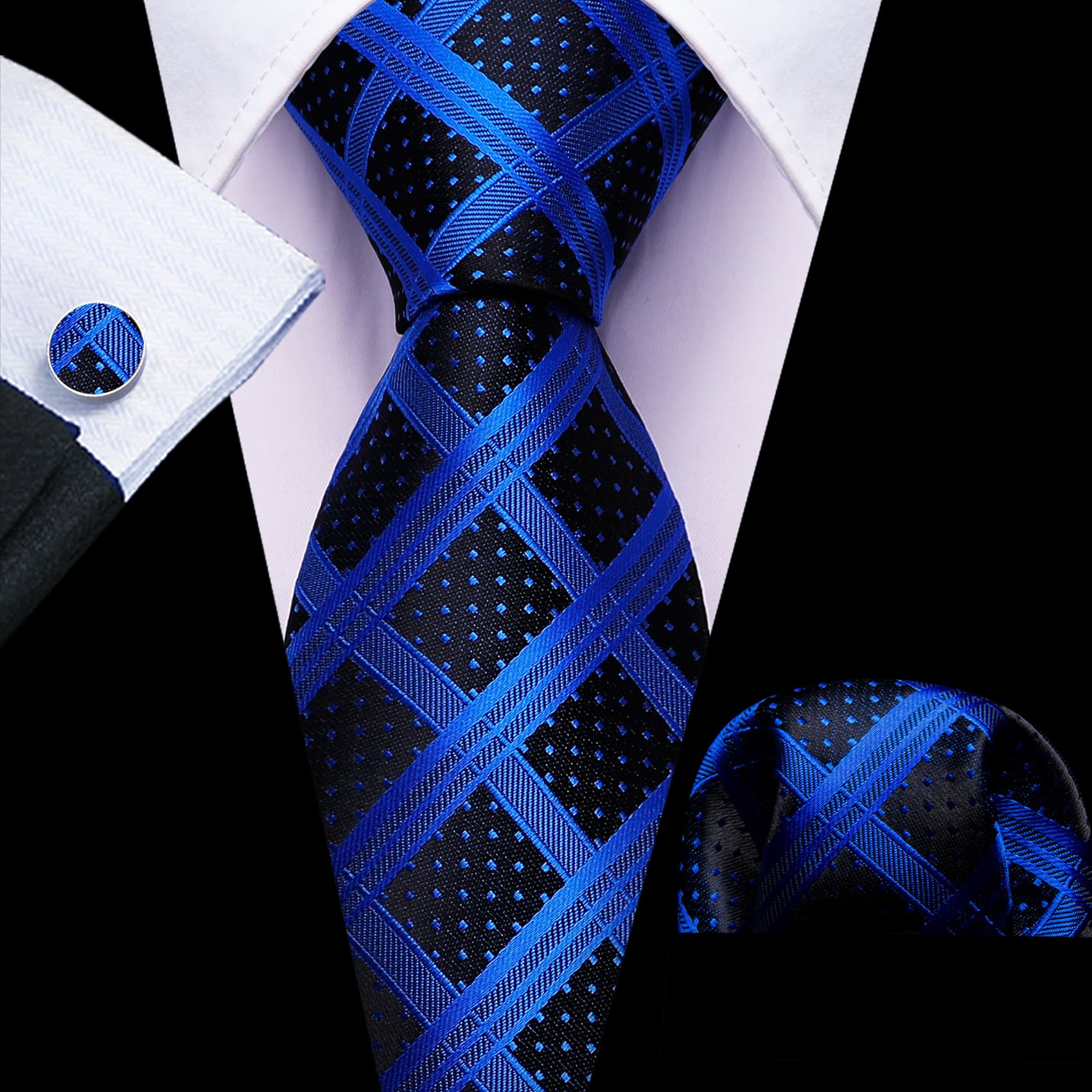 Men's Black Suit with black blue plaid tie hanky cufflinks set