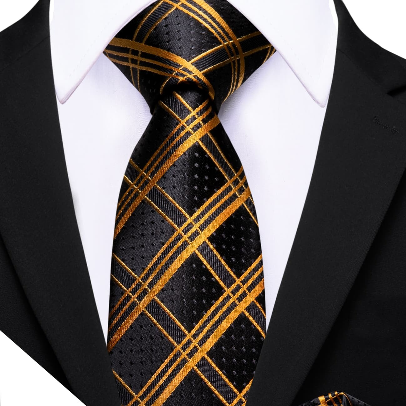 Black Gold Plaid Tie Black Dots Necktie Men's Tie Set