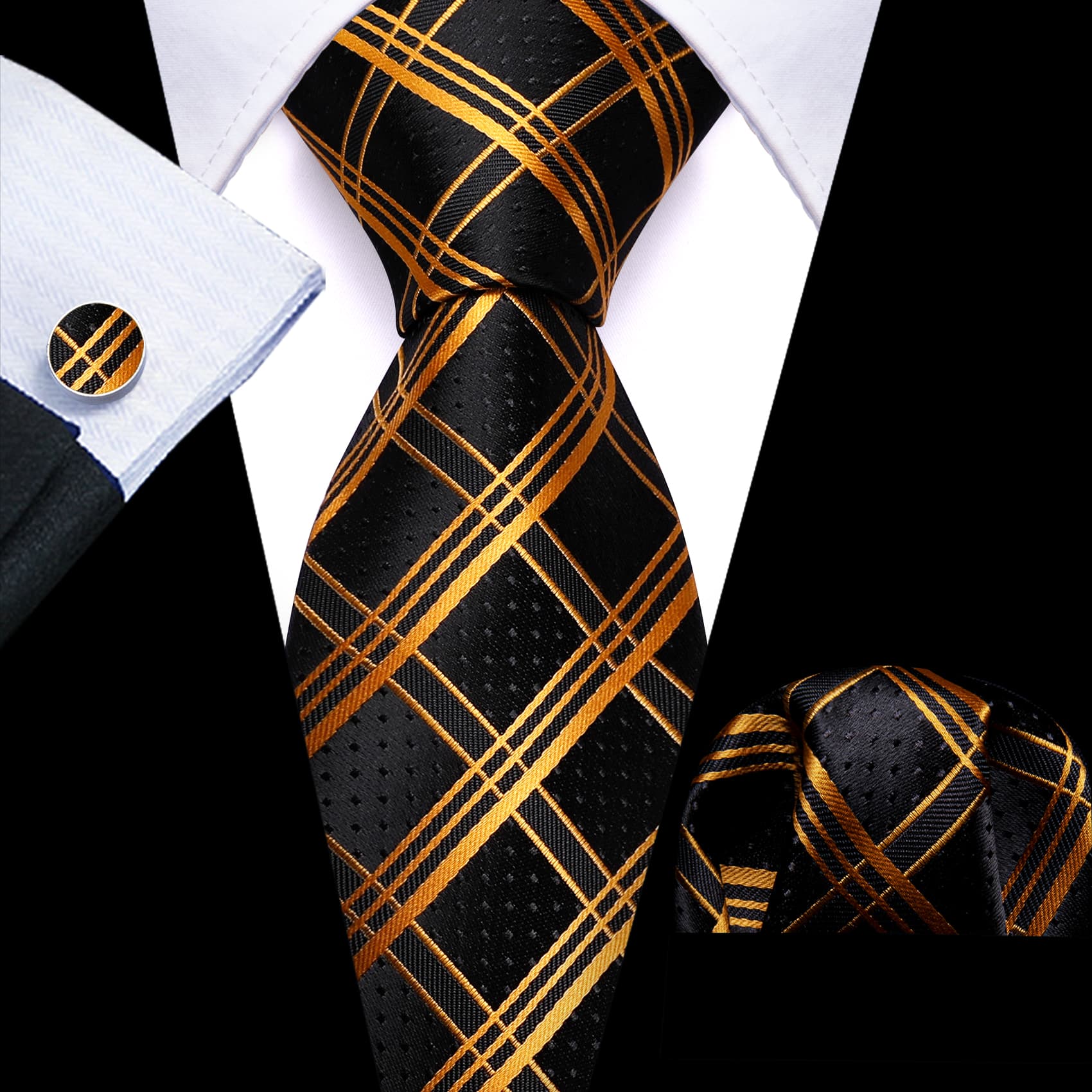 Men's Black Suit with Black Gold Plaid tie hanky cufflinks set