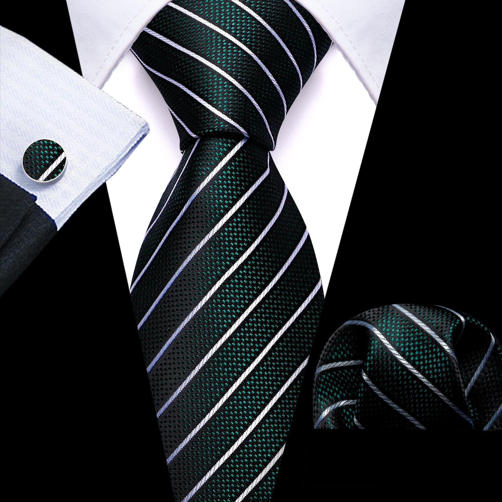 Men's Black Suit green white stripes tie hanky cufflinks set