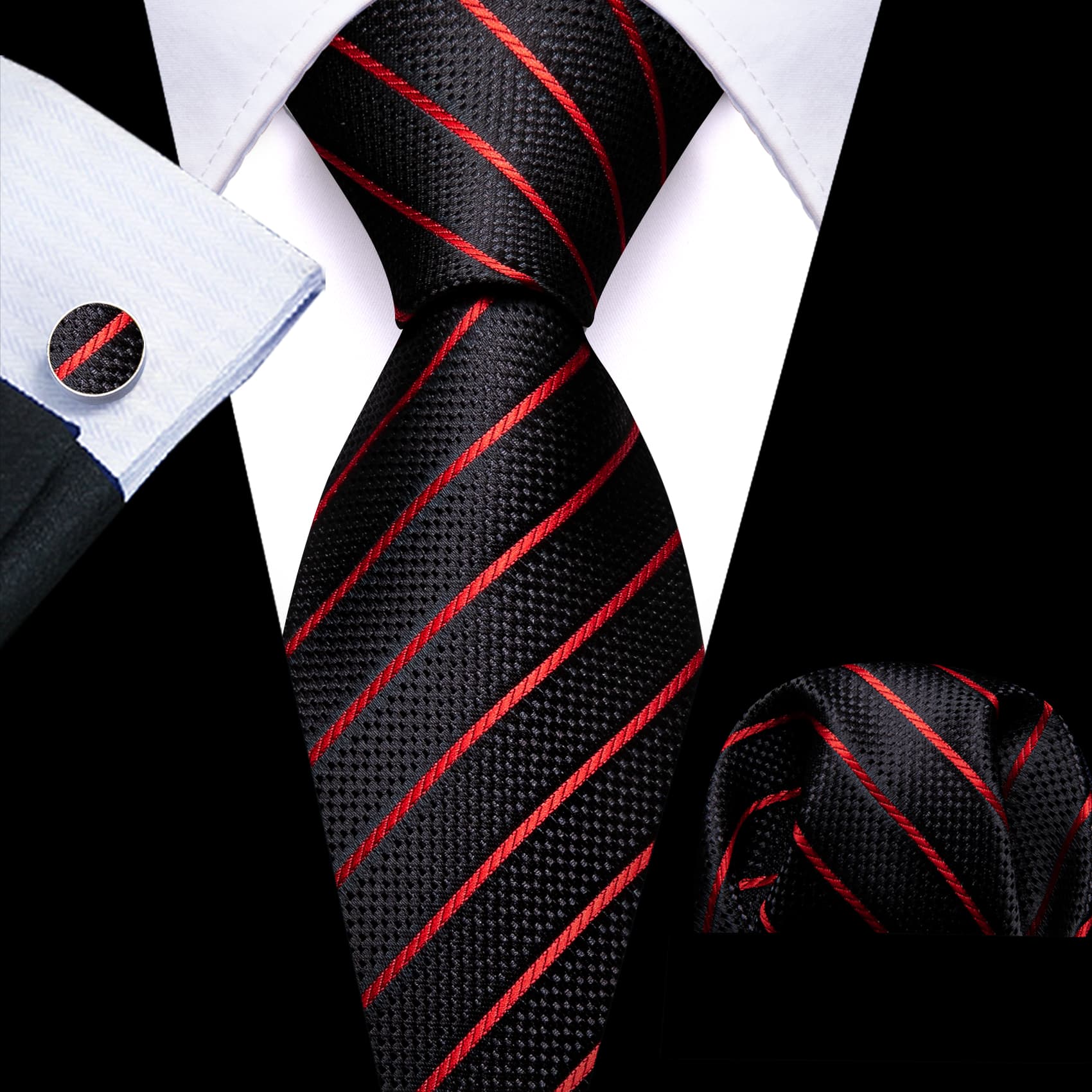 Men's Black Suit with black red tripes tie hanky cufflinks set