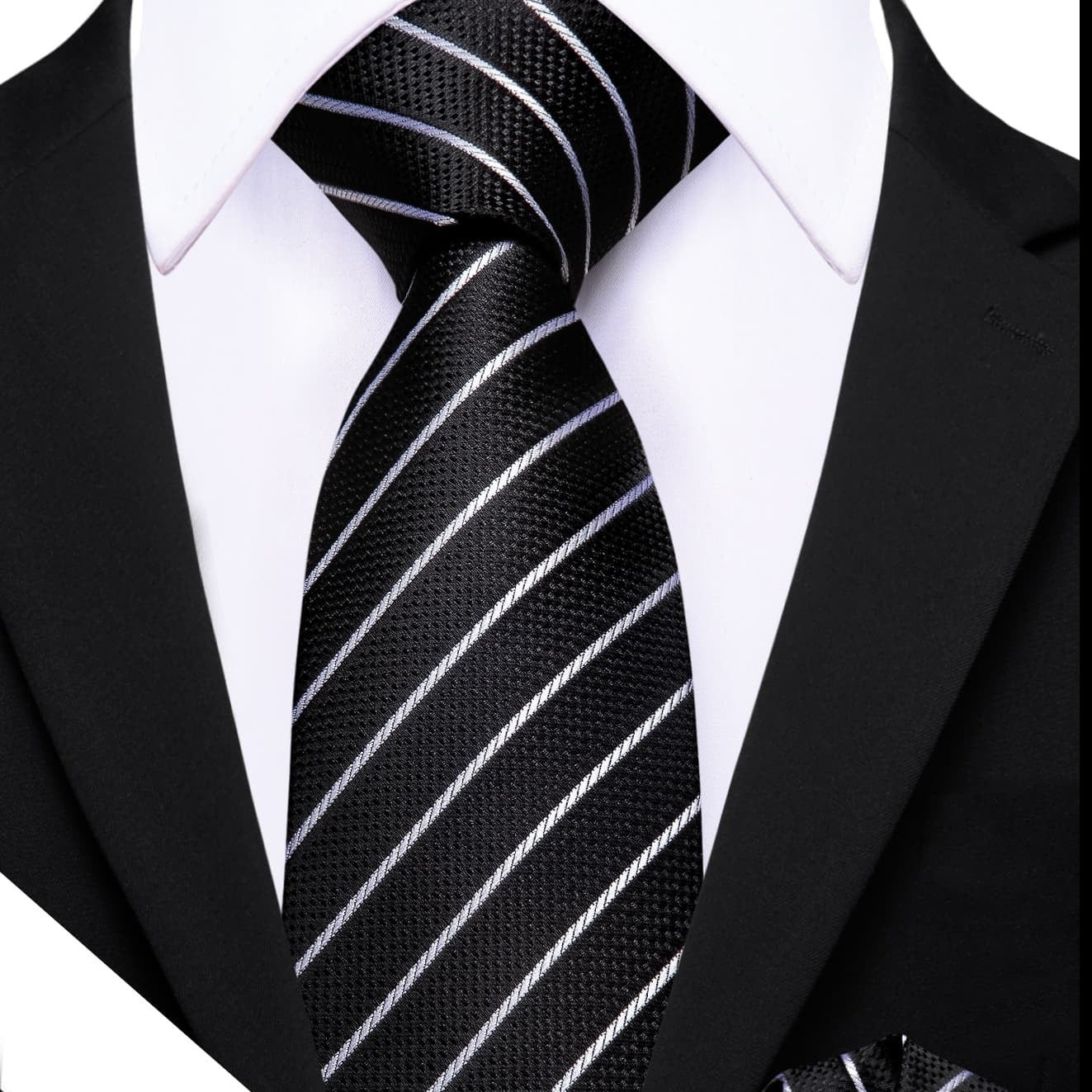  Black Tie White Lines Striped Necktie Men's Tie Set