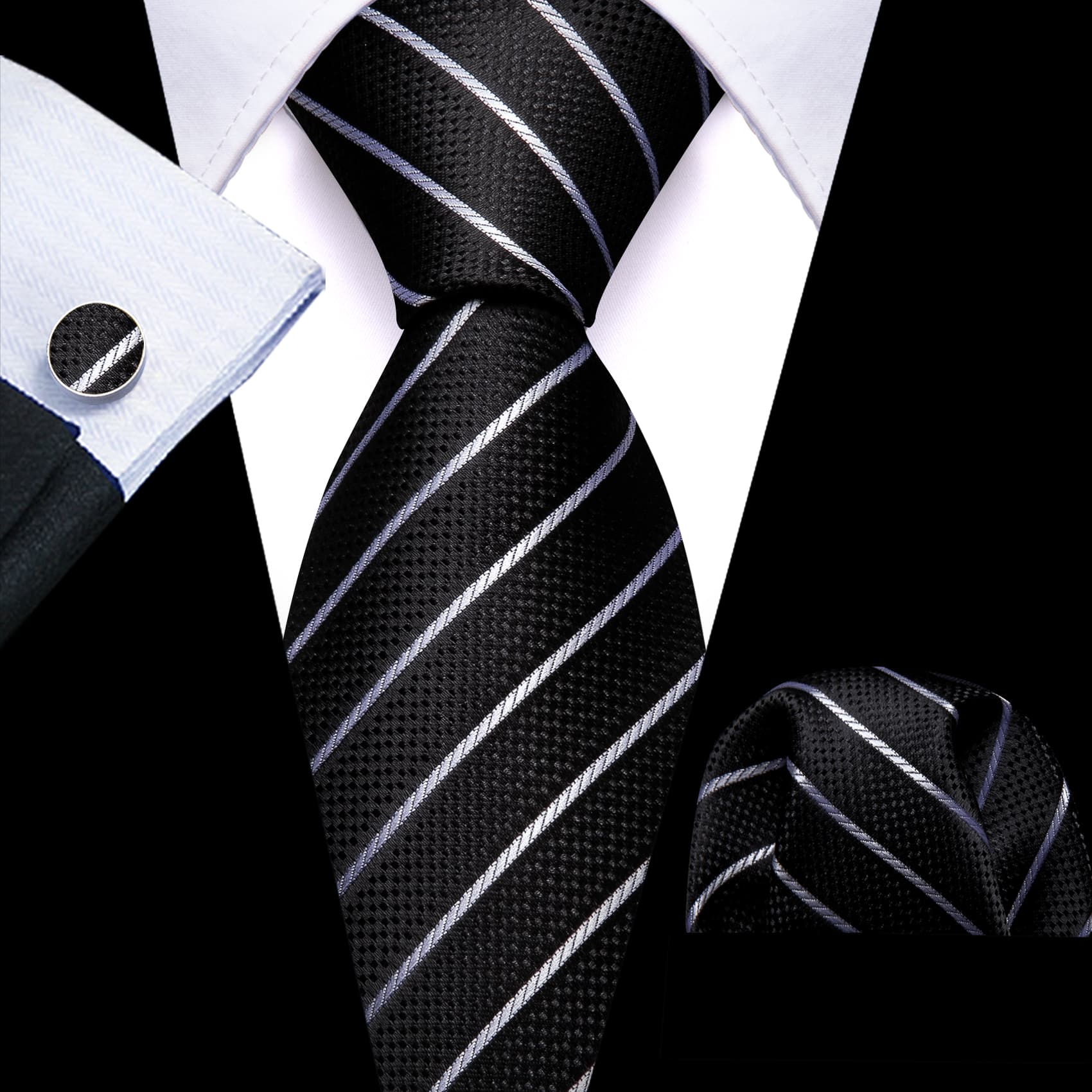 Men's Black Suit with black white stripes tie hanky cufflinks set