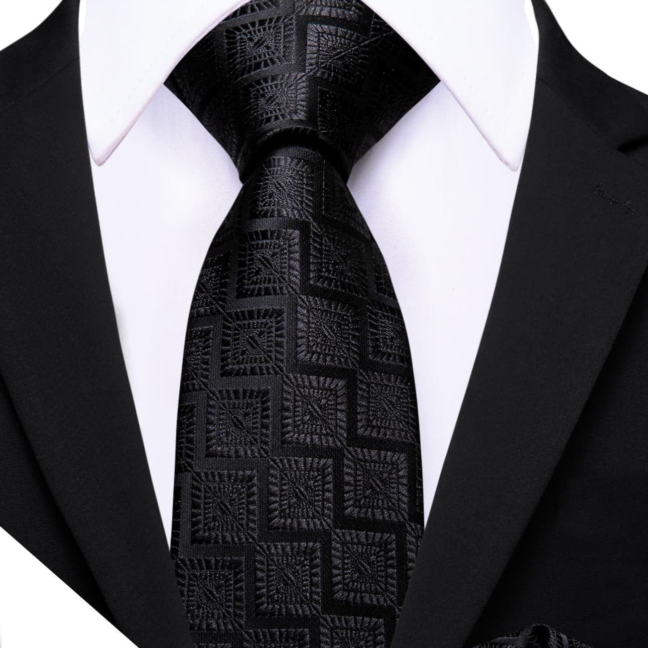 Barry Wang Black Tie Jacquard Geometric Pattern Men's Necktie Set