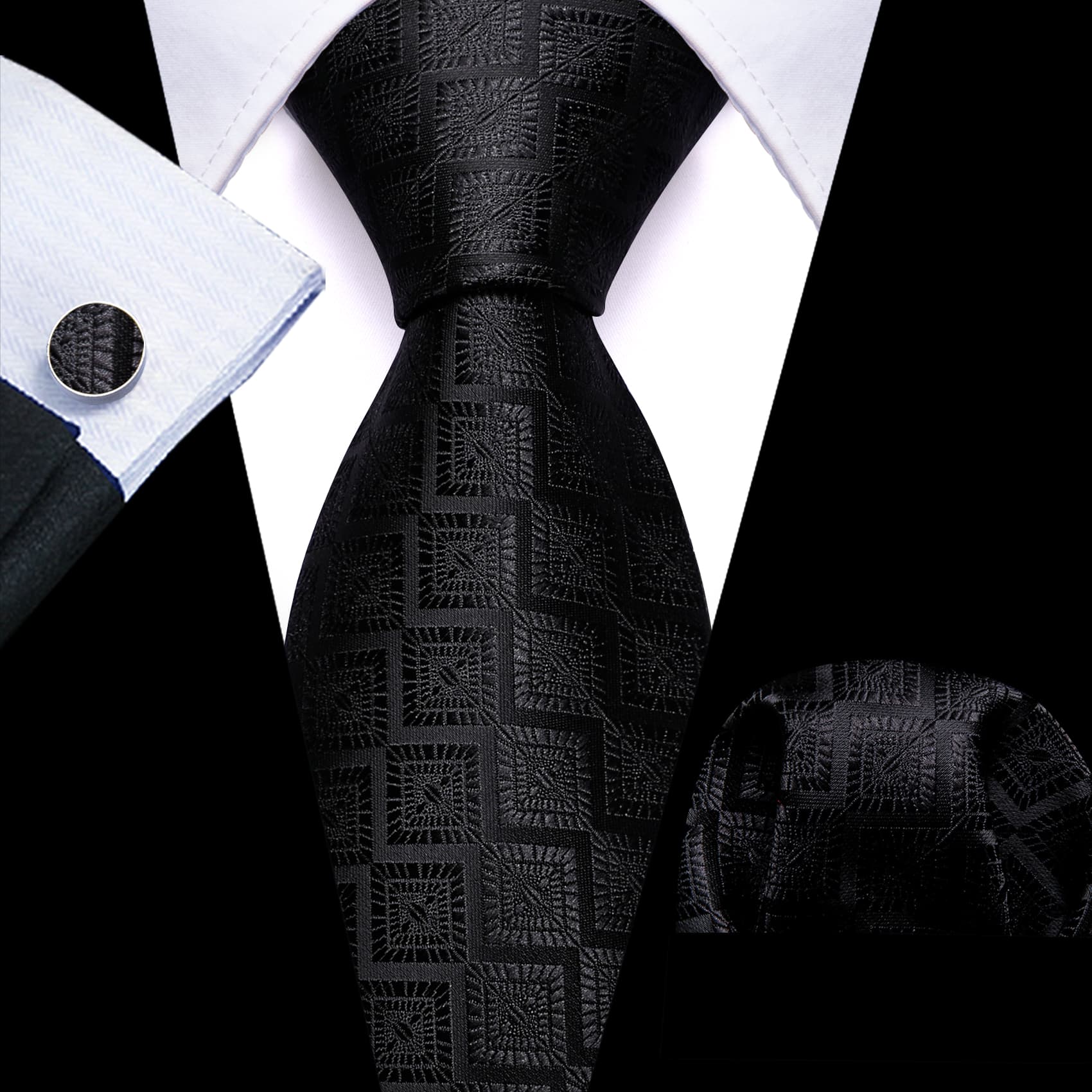 Men's Black Suit with black novelty tie hanky cufflinks set