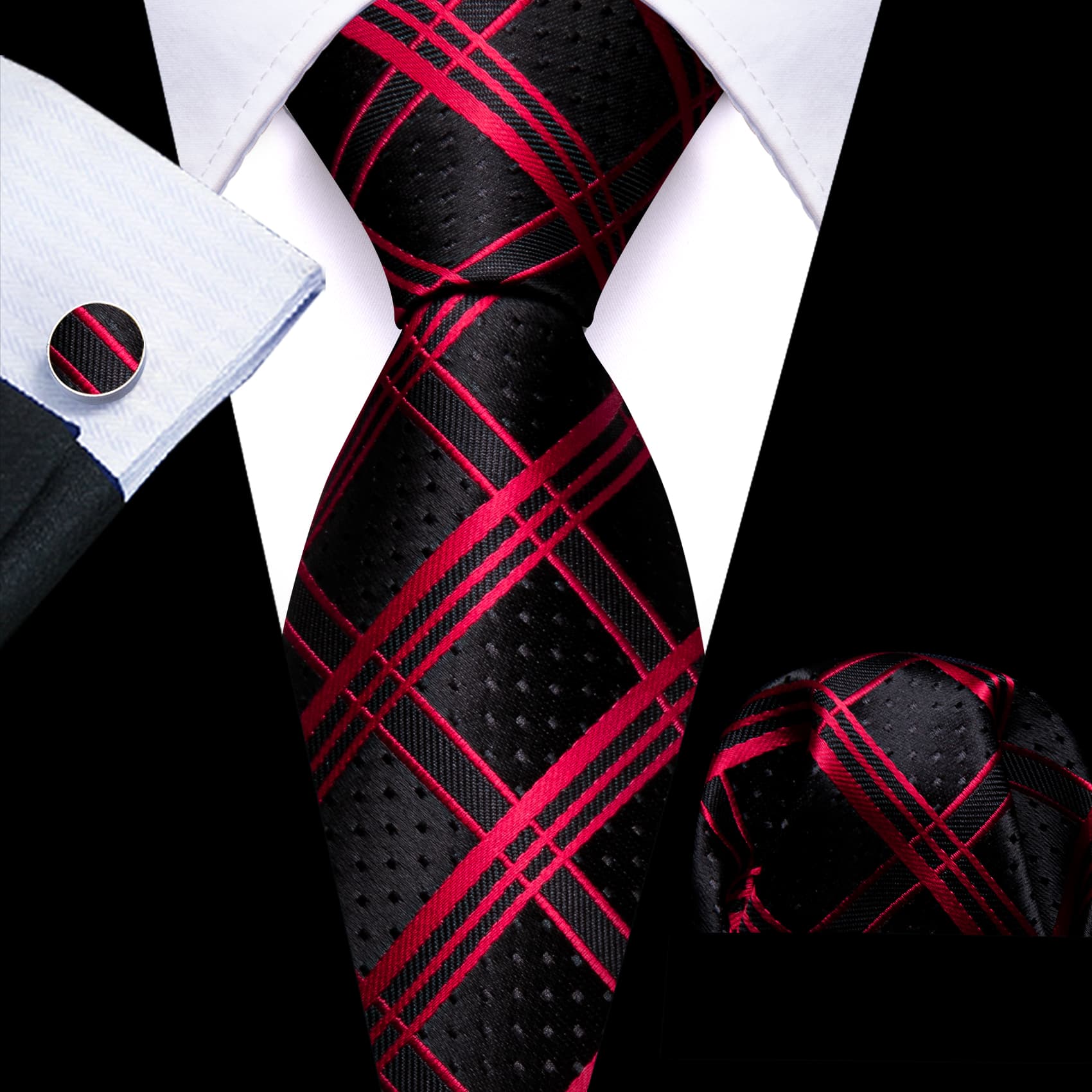 Men's Black Suit with red black plaid  tie hanky cufflinks set