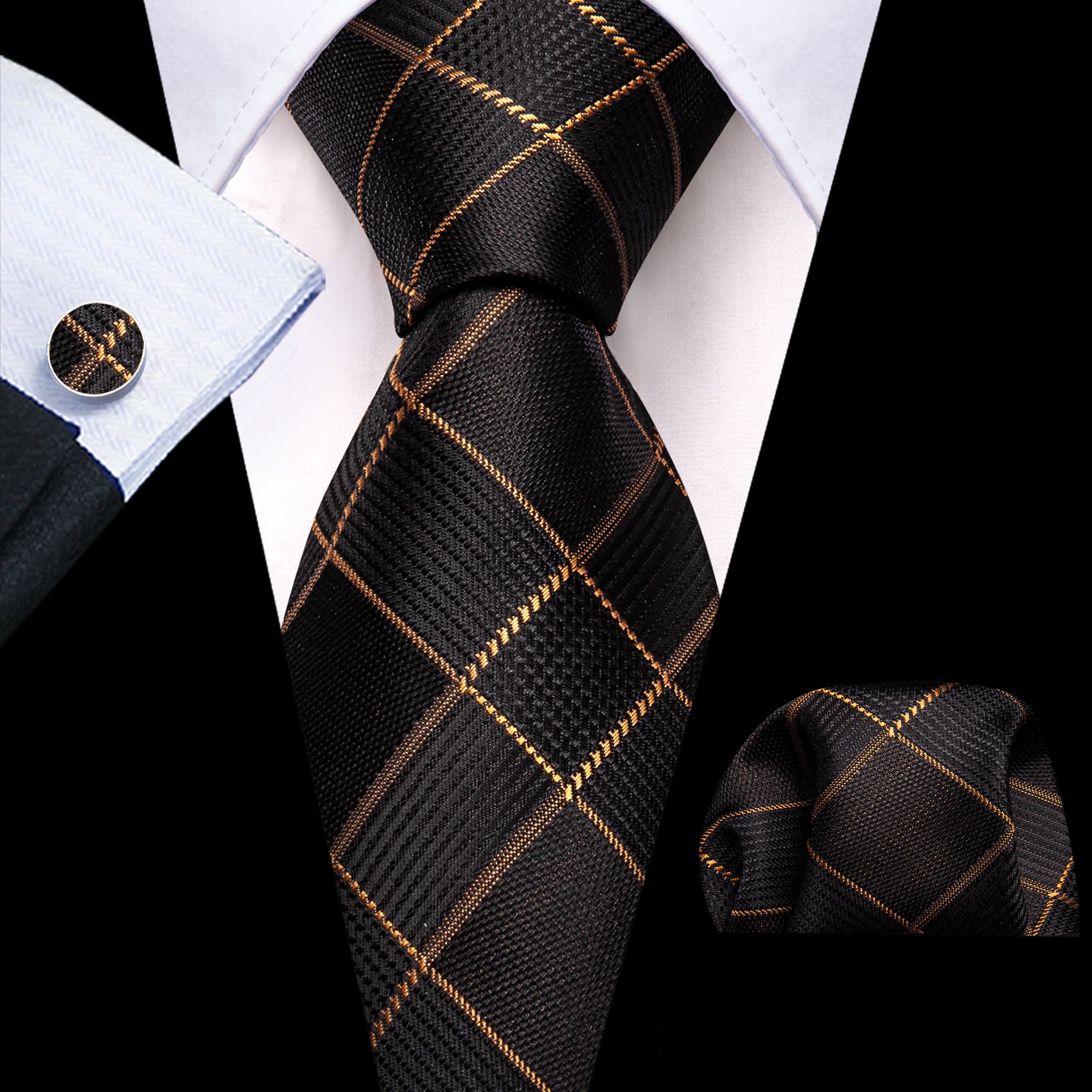 Men's Black Suit with black gold Plaid tie hanky cufflinks set