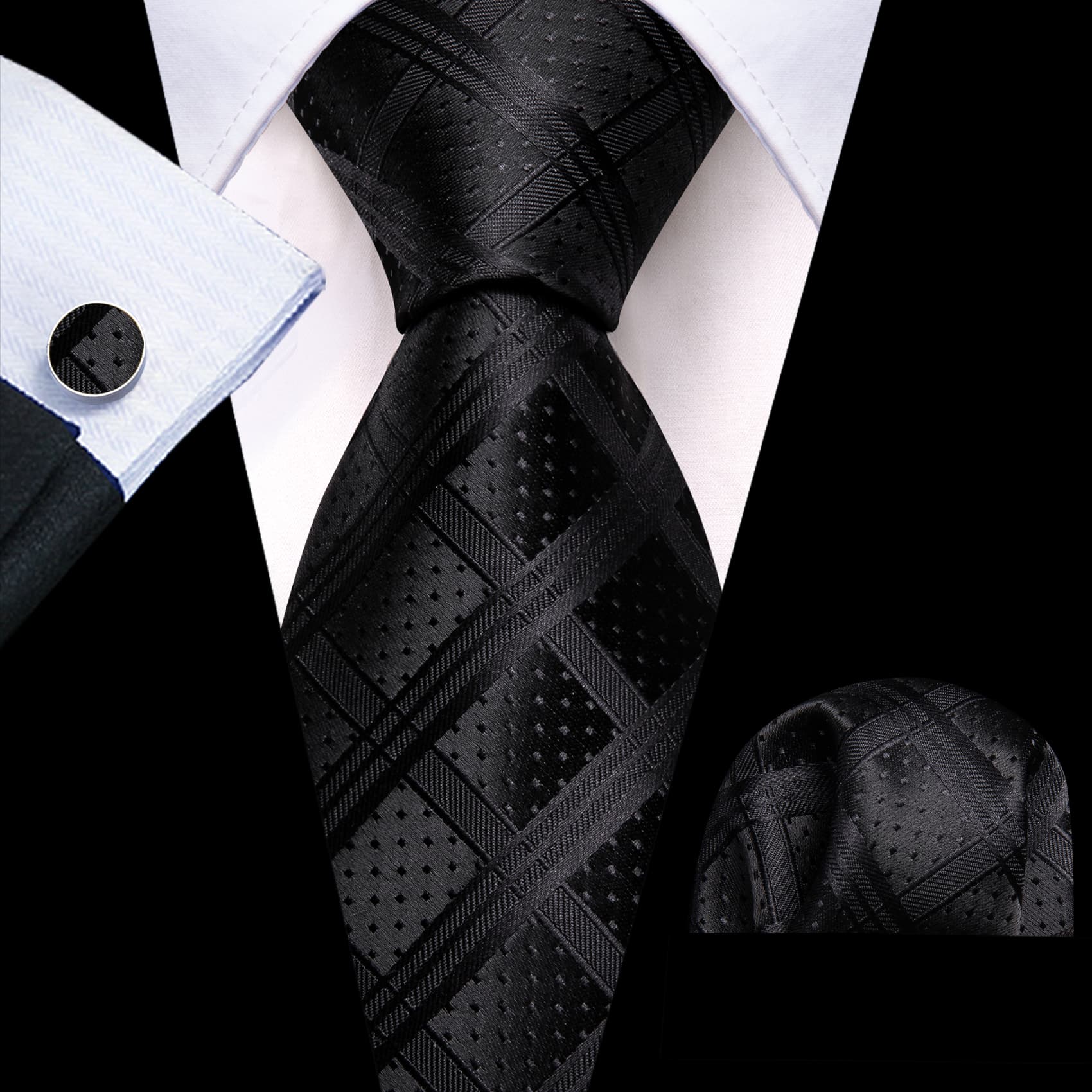 Men's Black Suit with black plaid  tie hanky cufflinks set