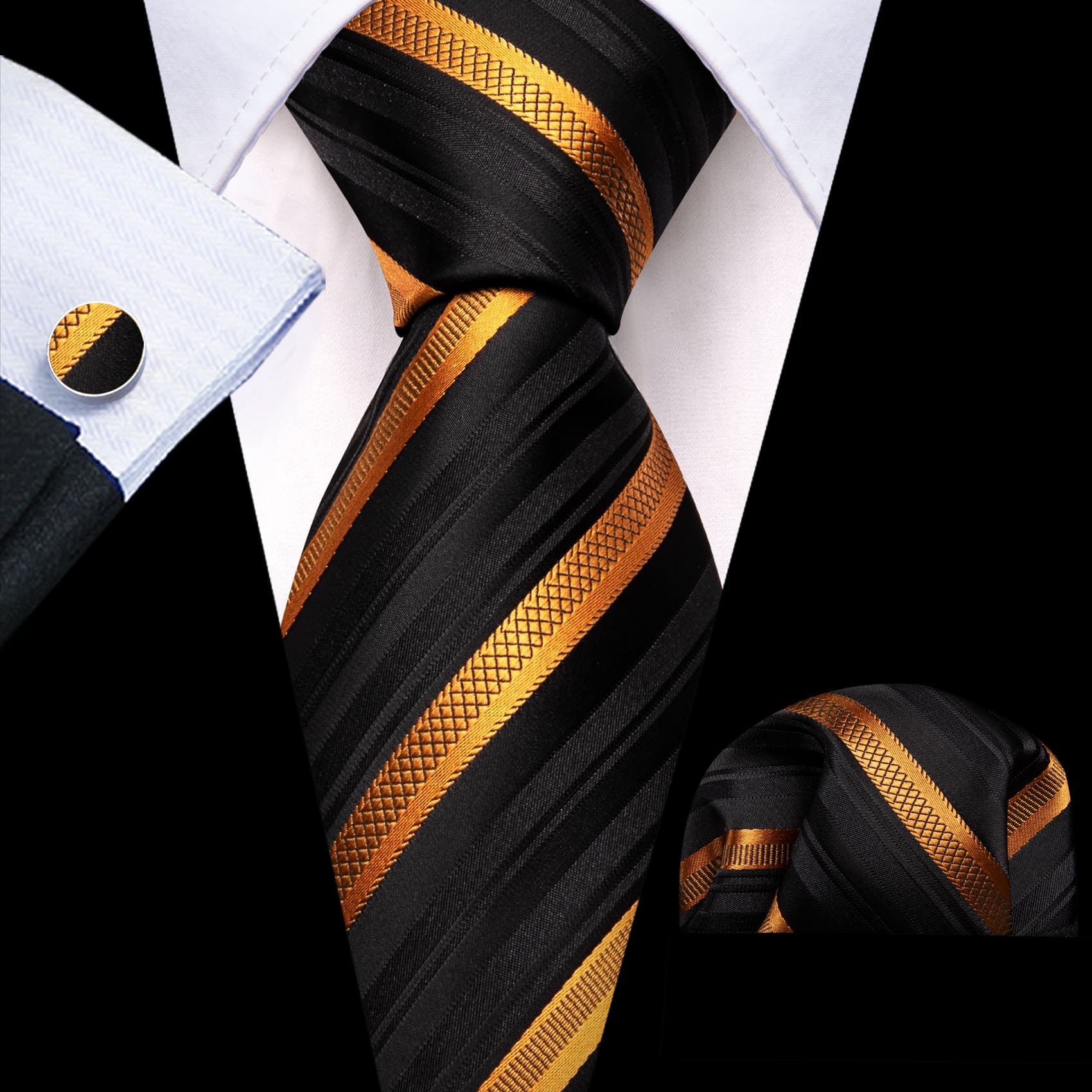 Men's Black Suit with black gold stripes tie hanky cufflinks set