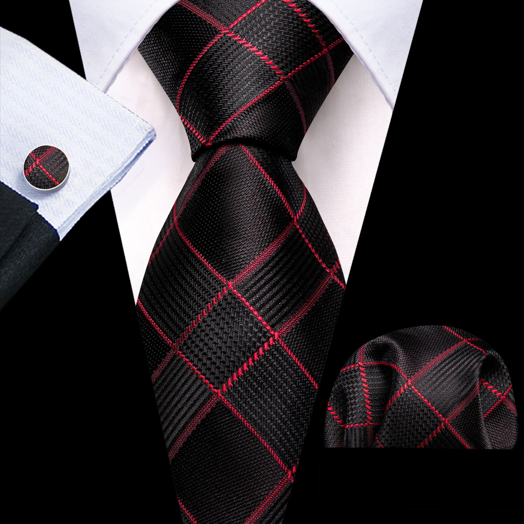 Men's Black Suit with Black Red Plaid tie hanky cufflinks set