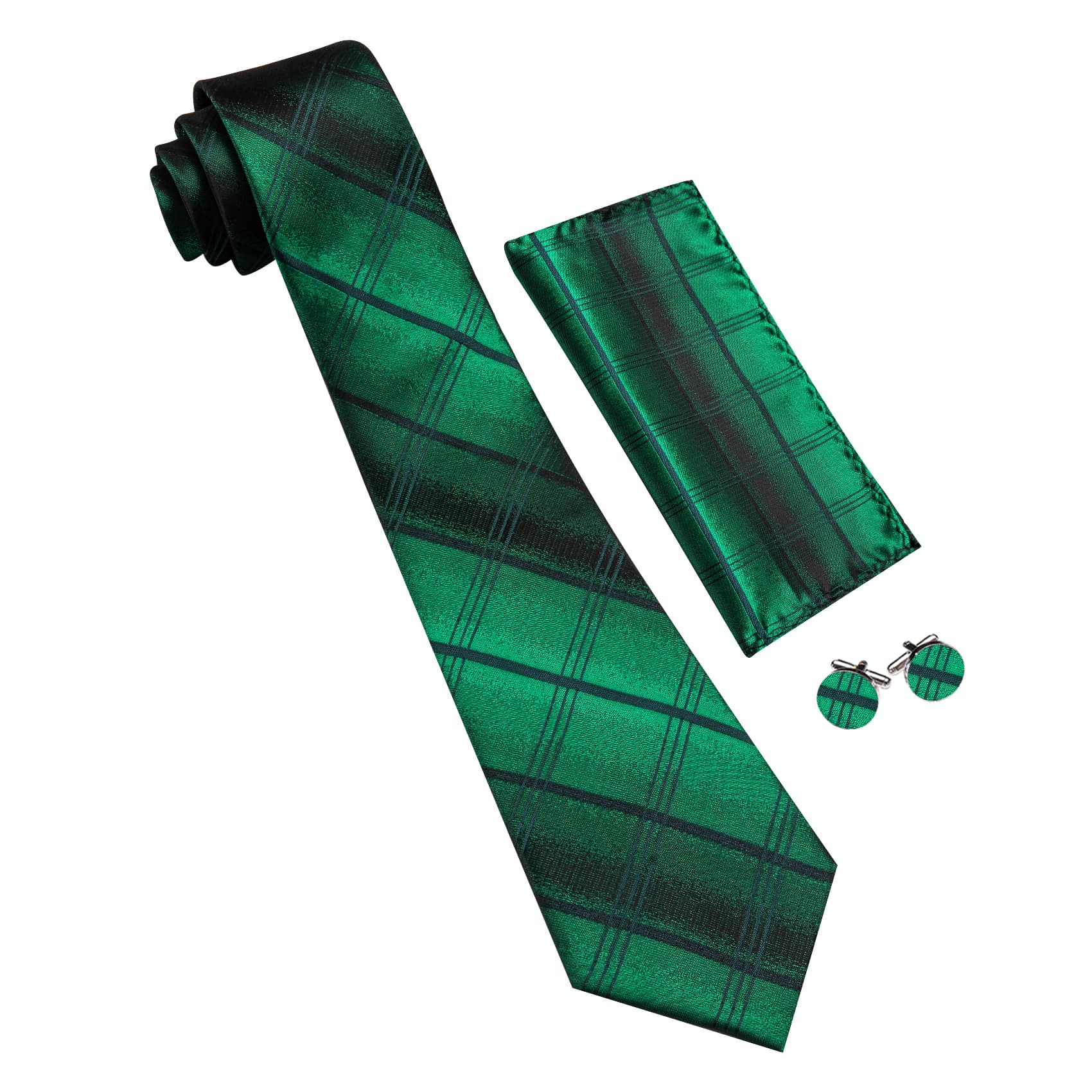 Emerald Green Plaid Men's Business Tie Hanky Cufflinks Set