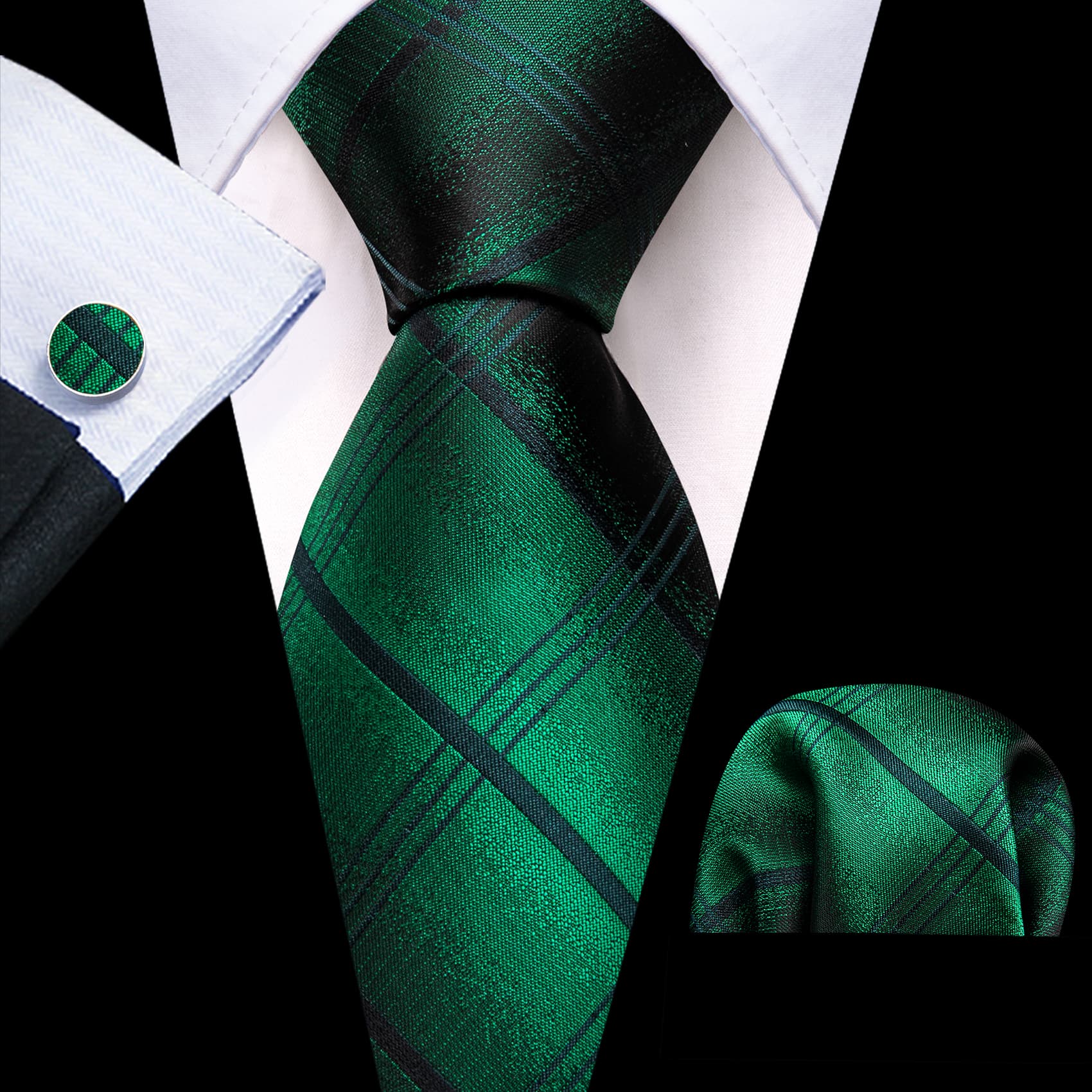 Men's Black Suit with green blue plaid tie hanky cufflinks set