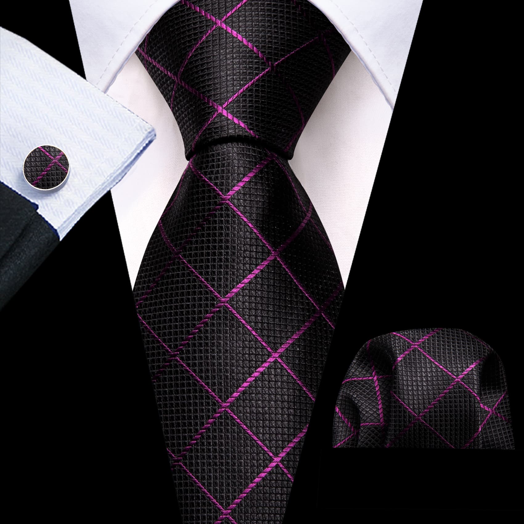 Men's Black Suit with black purple plaid tie hanky cufflinks set