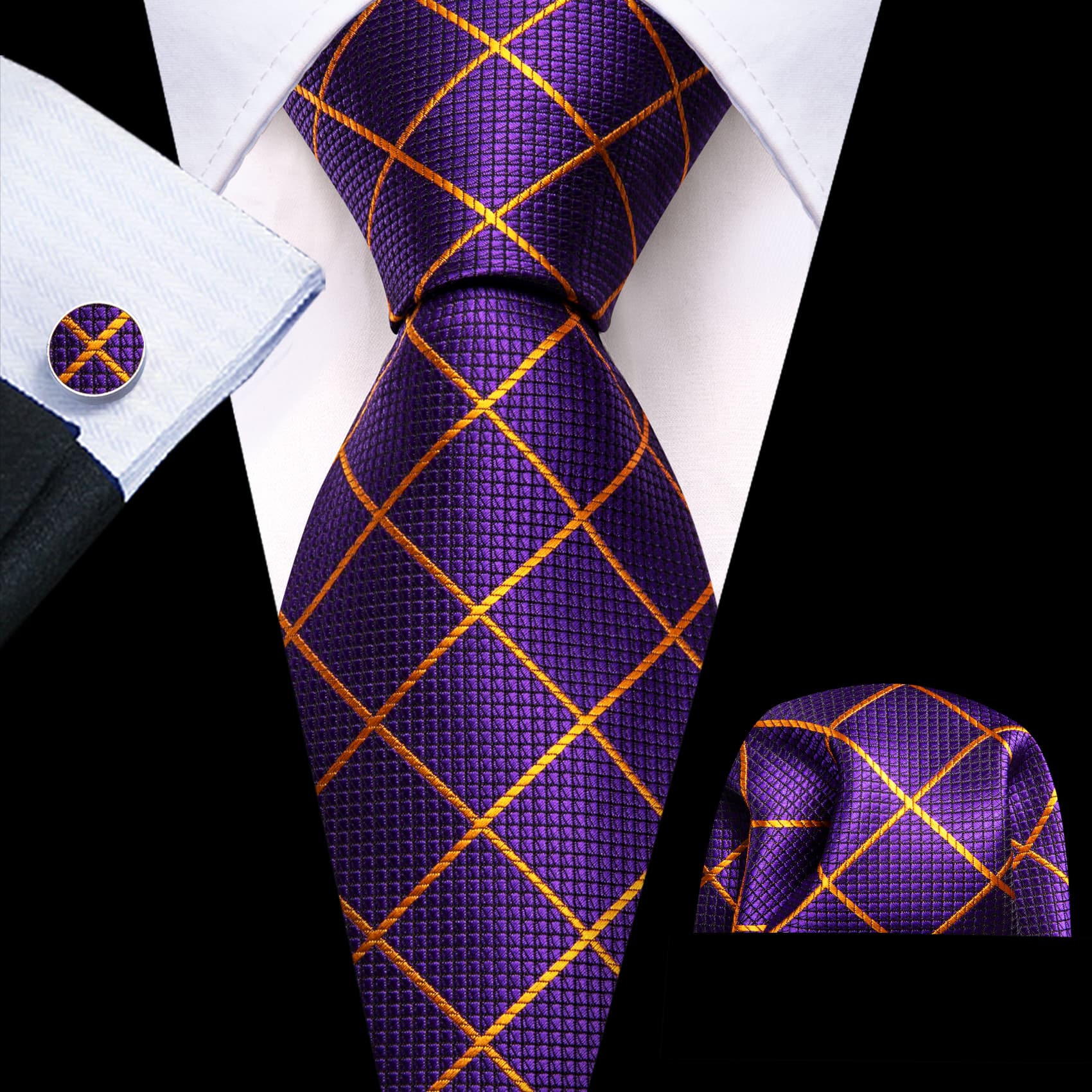 Men's Black Suit withPurple Orange Plaid  tie hanky cufflinks set