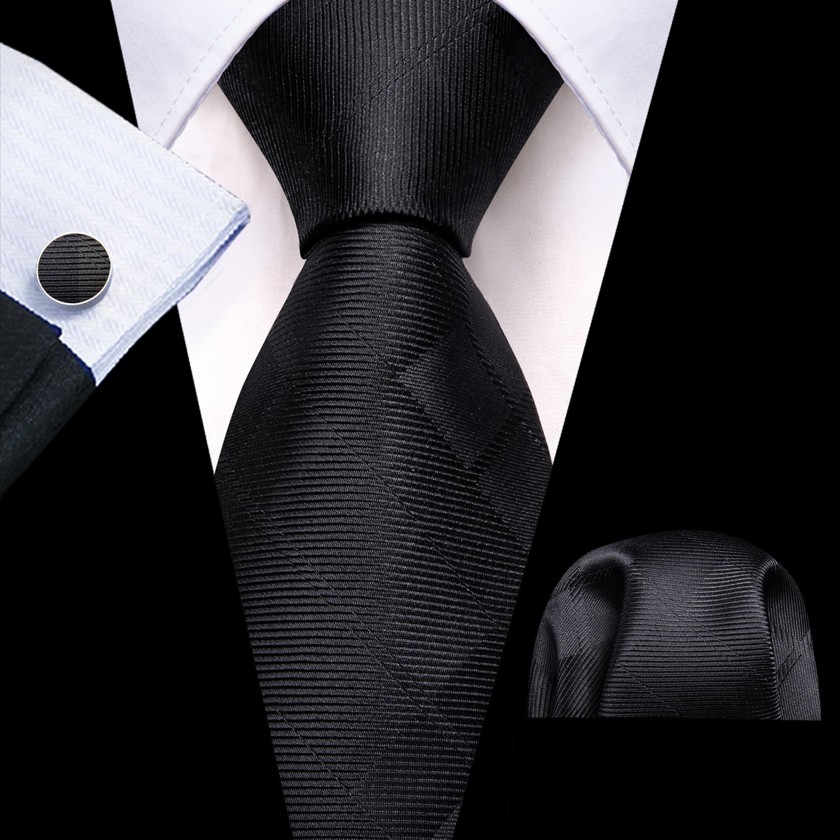 Men's Black Suit with black woven tie hanky cufflinks set