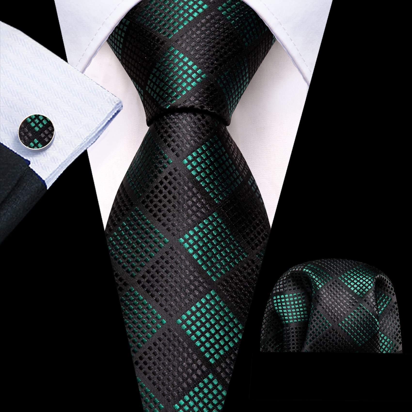 Men's Black Suit with Yblack green plaid tie hanky cufflinks set