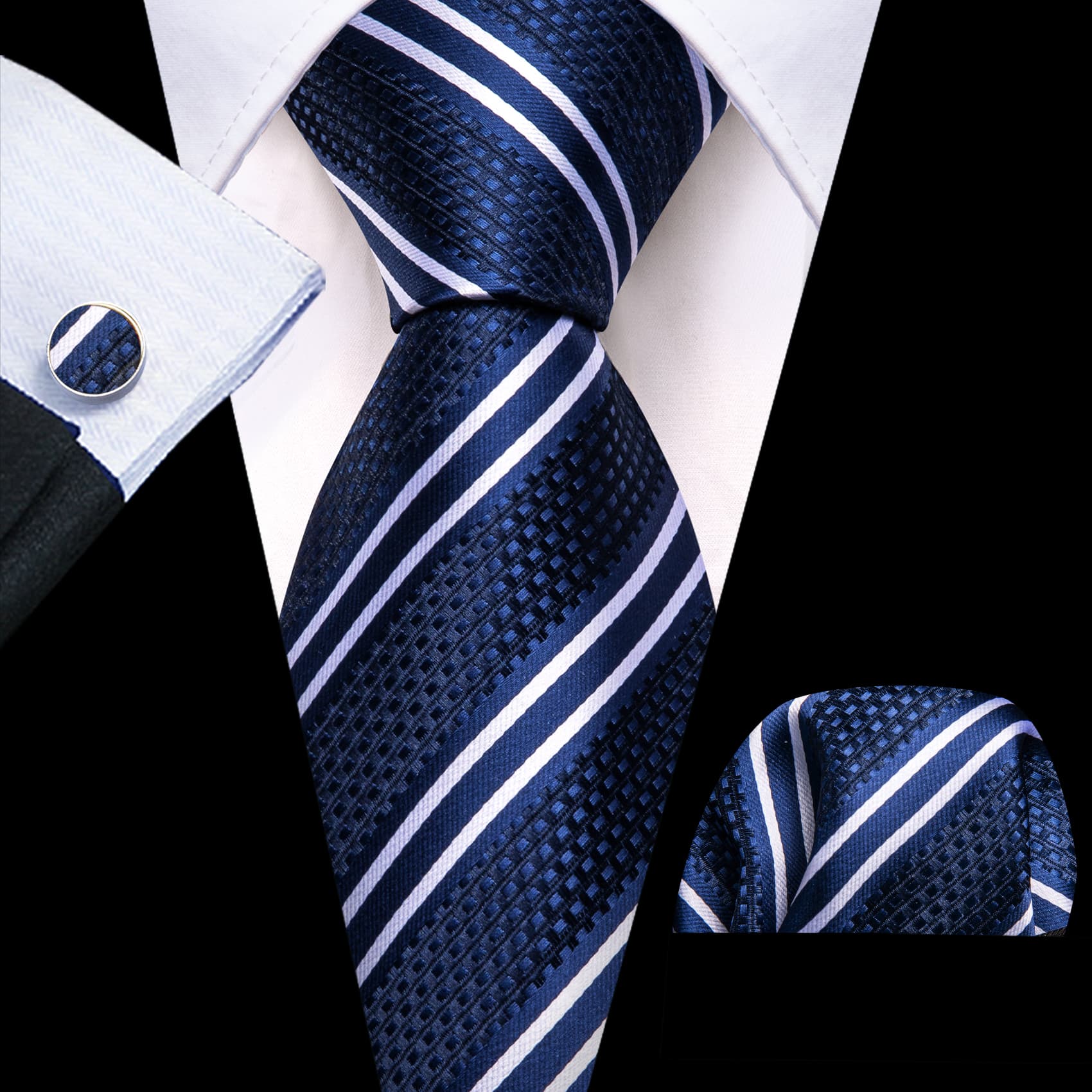 Men's Black Suit with blue white stripes tie hanky cufflinks set