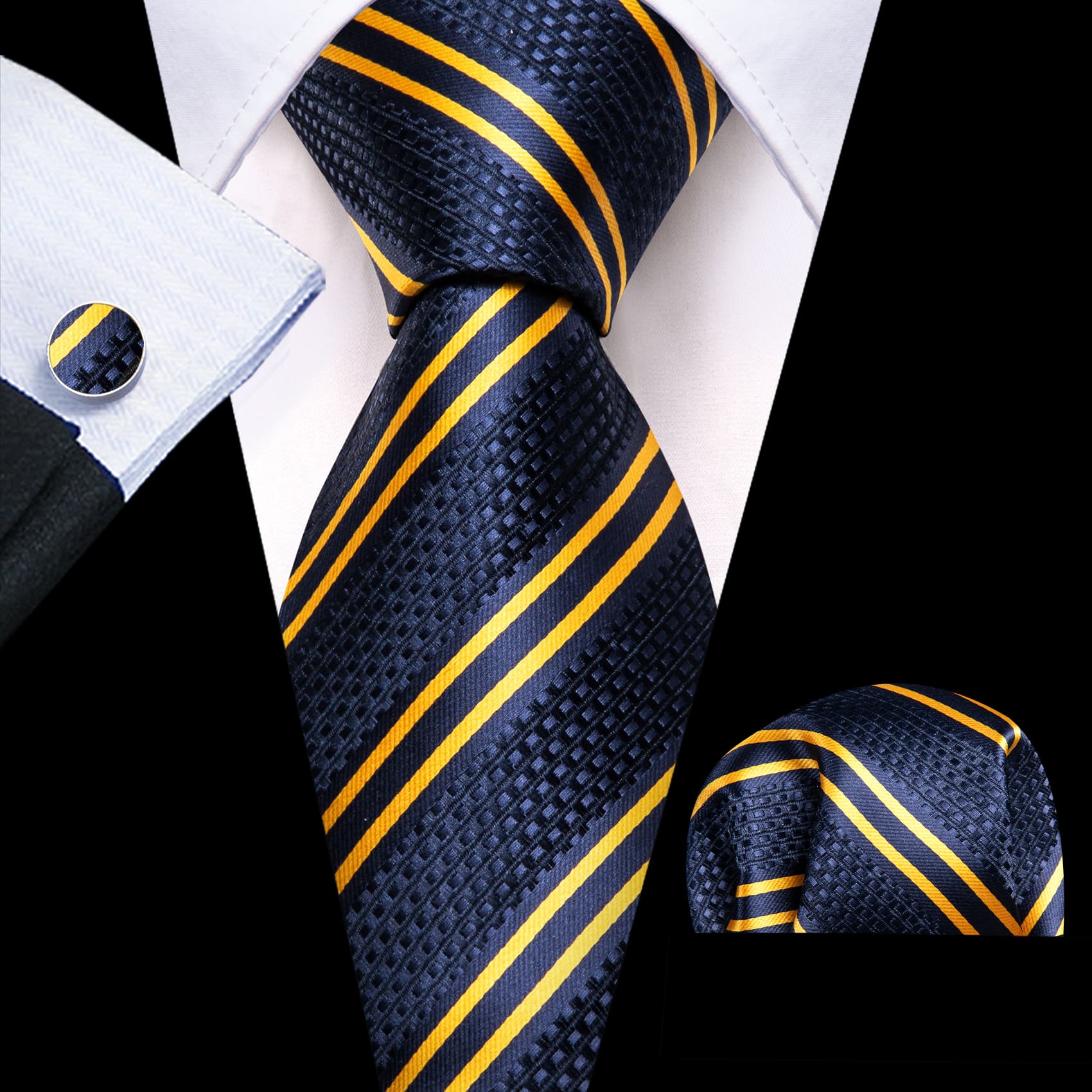 Men's Black Suit with blue gold stripes tie hanky cufflinks set