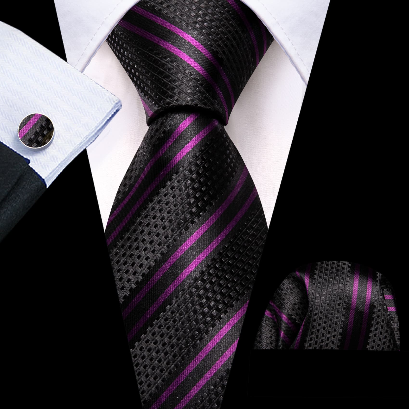 Men's Black Suit with black purple stripes tie hanky cufflinks set