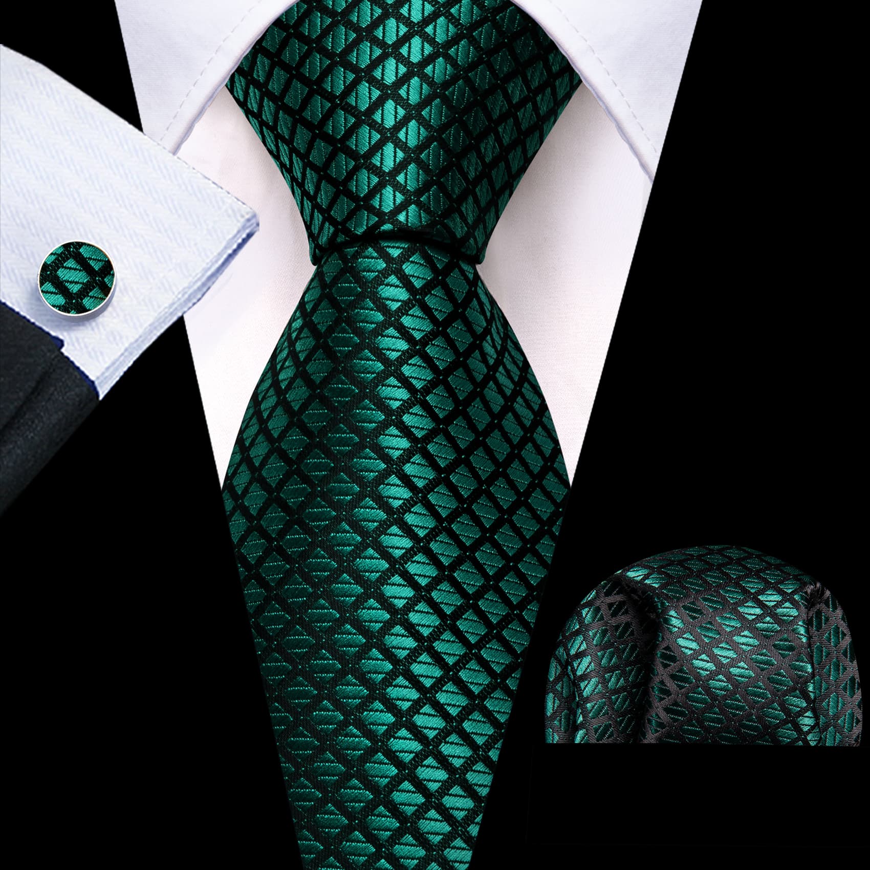 Men's Black Suit with black green plaid tie hanky cufflinks set